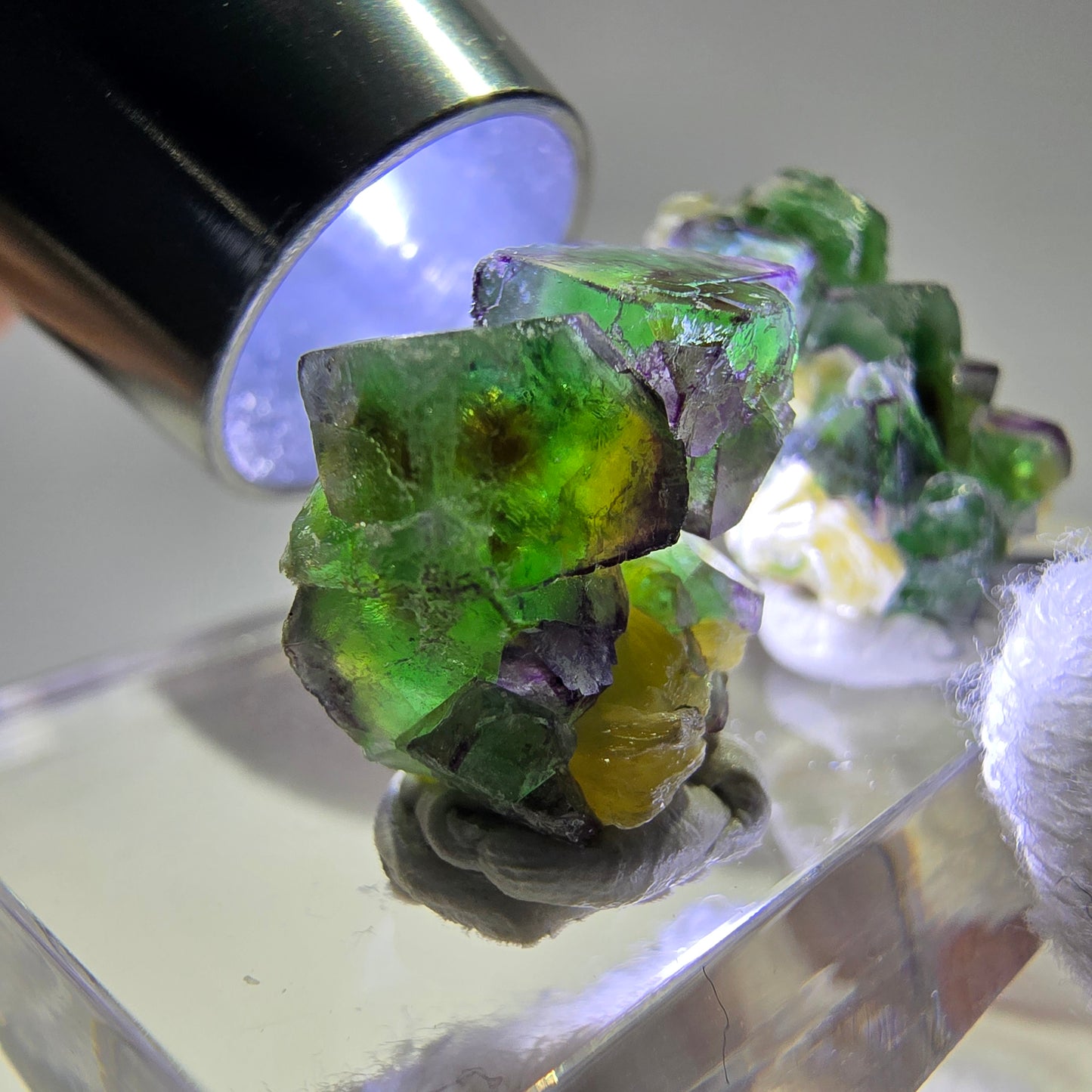 2er Set Phantom Fluorit Würfel, Muskovit Hyalit Stufe Erongo, Namibia 21+18mm