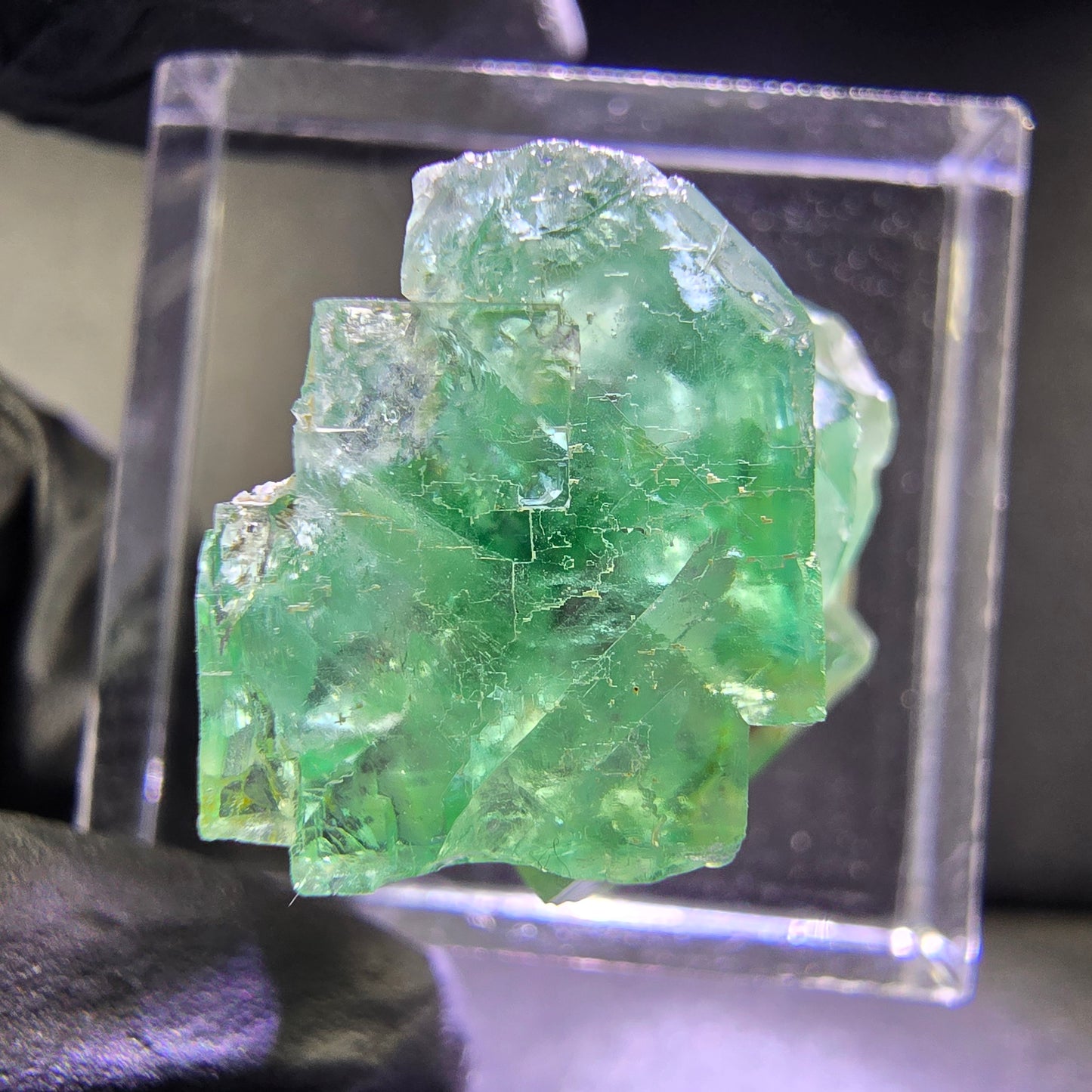 Klare Phantom Fluorit XX Würfel Stufe grün lila 19*17*11mm aus Okorusu, Namibia