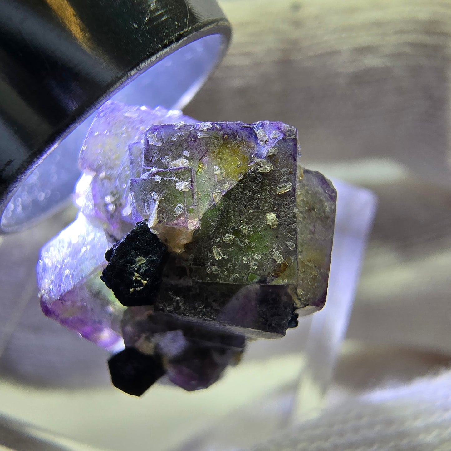 Fluorite fantôme colorée, Spécimen de tourmaline muscovite Schorl, Erongo, Namibie, 20 x 16 x 16 mm