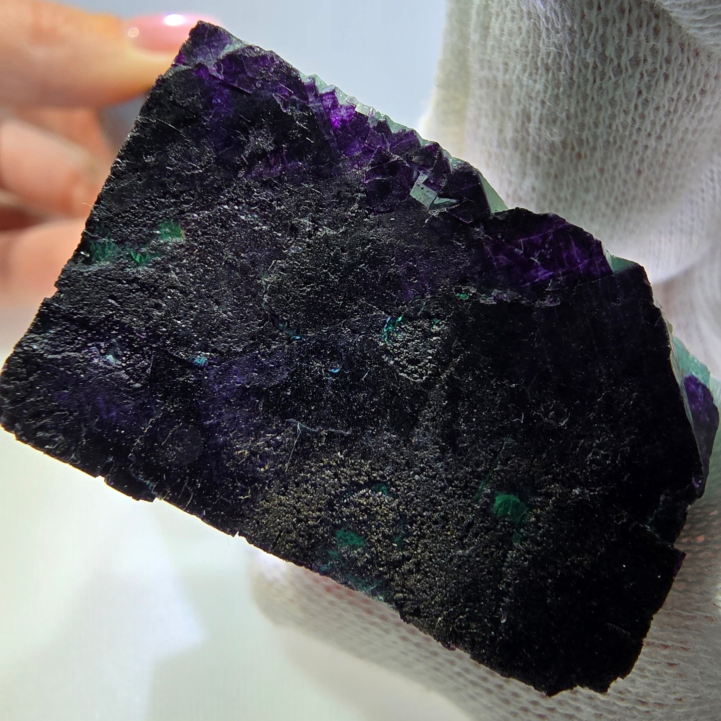 Klarer Fluorit Würfel, parkettiert grün lila 11:11 Angel Pocket Okorusu, Namibia 43*24*28mm