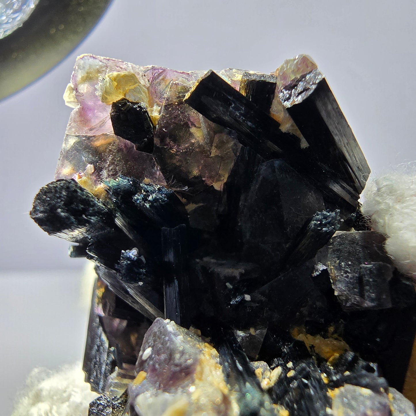 Spécimen de fluorite fantôme colorée, tourmaline scholle, muscovite, Erongo, Namibie, 49 x 41 x 28 mm
