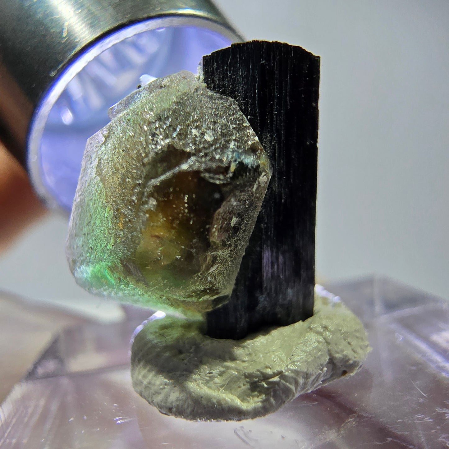 Cube hexagonal de fluorite fantôme, tourmaline Schorl d'Erongo, Namibie 16 x 14 x 13 mm