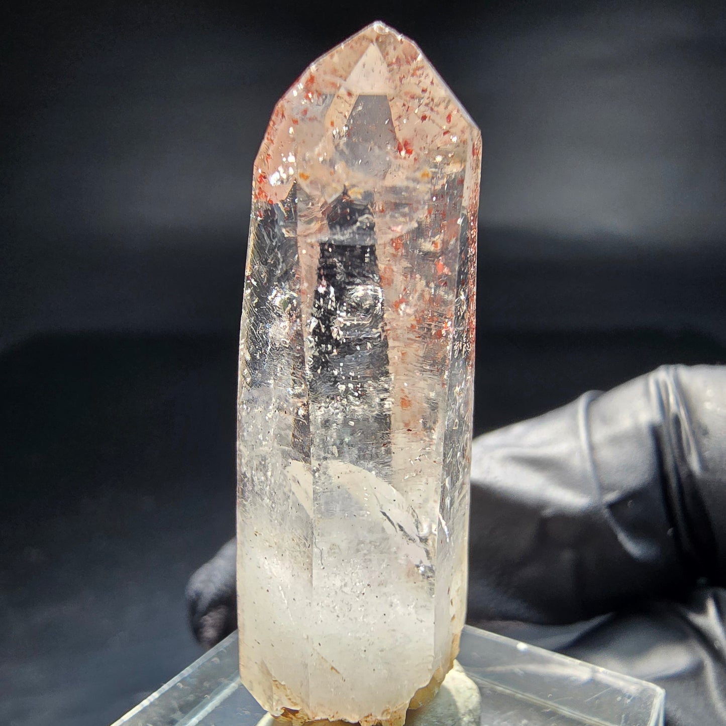 Klare Rauchquarz Spitze mit rotem Eisen Goboboseb Namibia 38*14*11mm Sammlung