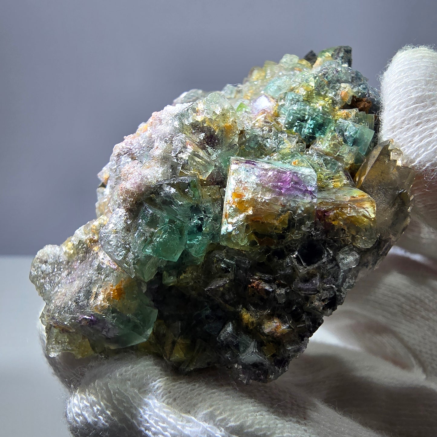 Phantom Fluorit Würfel zonal, Rauchquarz Stufe Erongo, Namibia 67*49*29mm