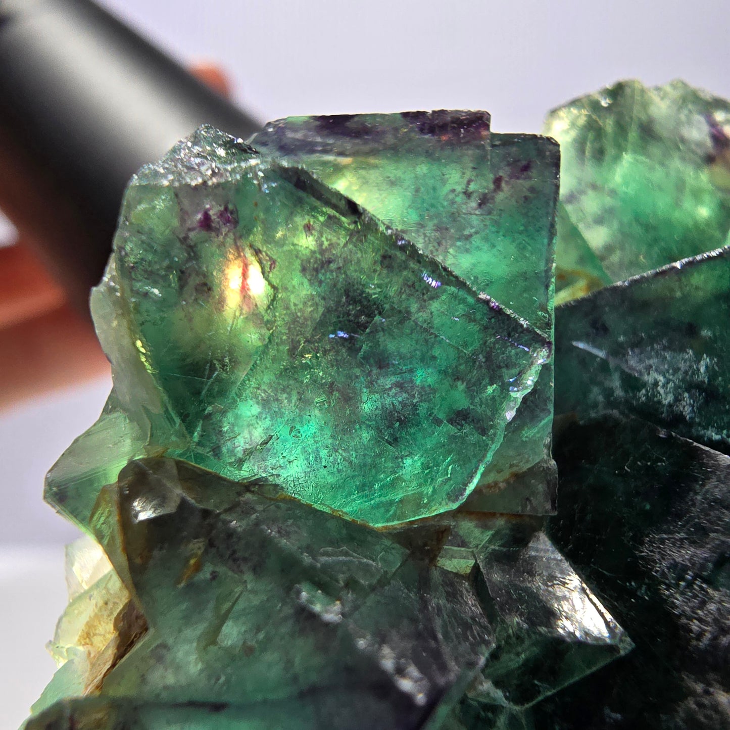 Spécimen de cube de fluorite fantôme parqueté vert violet Okorusu Namibie 79*44*19mm
