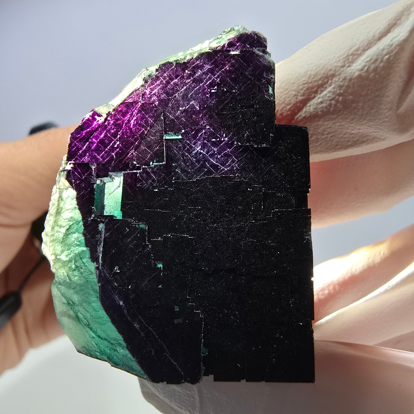 Spécimen de cube de fluorite fantôme vert violet zonal 11:11 Angel Pocket, Namibie 61*40*33mm
