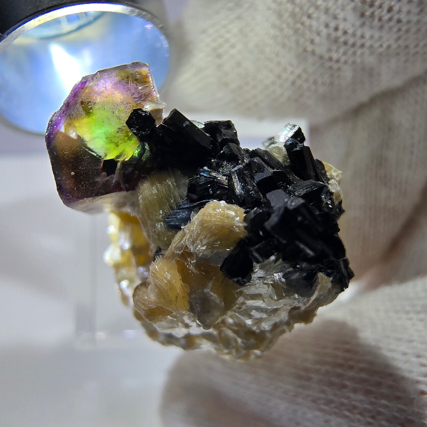 Spécimen de fluorite fantôme colorée, tourmaline scholle, muscovite, Erongo, Namibie, 33 x 25 x 19 mm