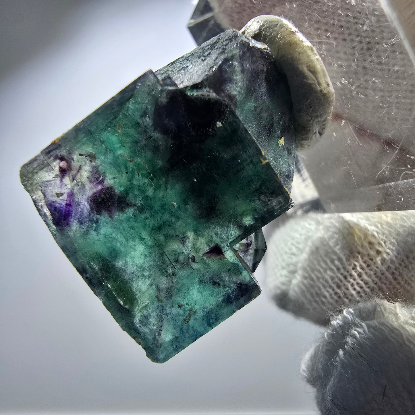 Spécimen rare de cube de fluorite fantôme, vert zonal et violet, Okorusu, Namibie, 28 x 25 x 16 mm