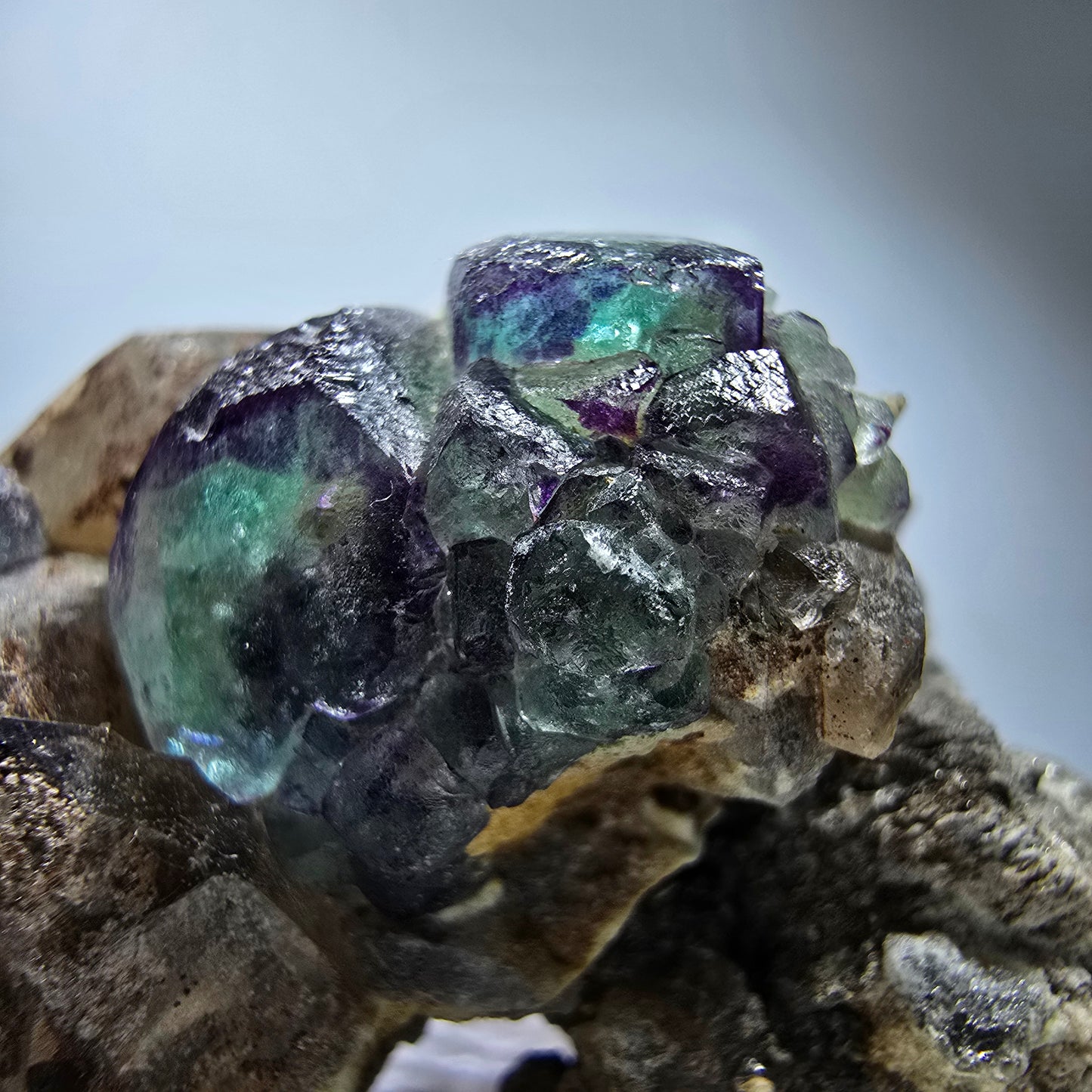 Phantom Fluorit Würfel, Rauchquarz, Hyalit Stufe Erongo, Namibia 48*36*21mm