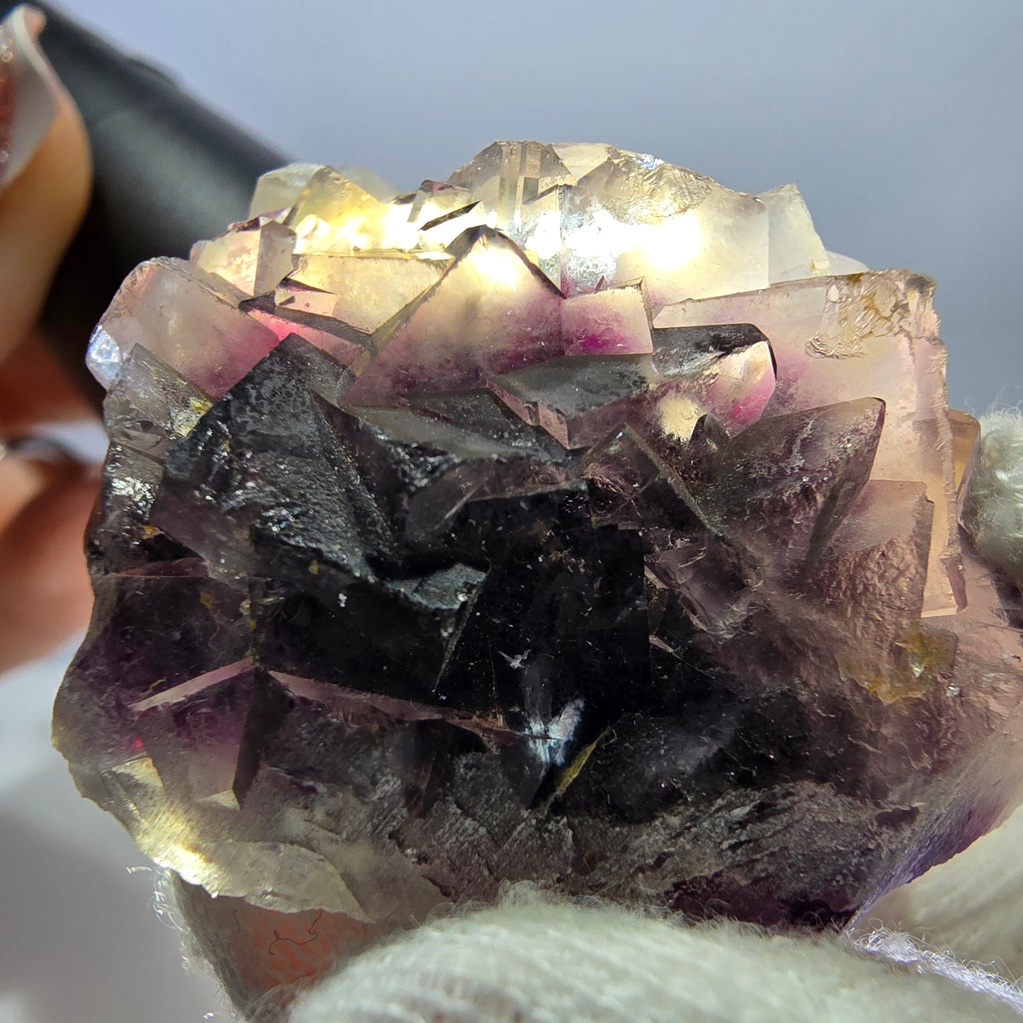 Rare spécimen de cube de fluorite fantôme, violet et blanc, Okorusu, Namibie, 44 x 38 x 26 mm