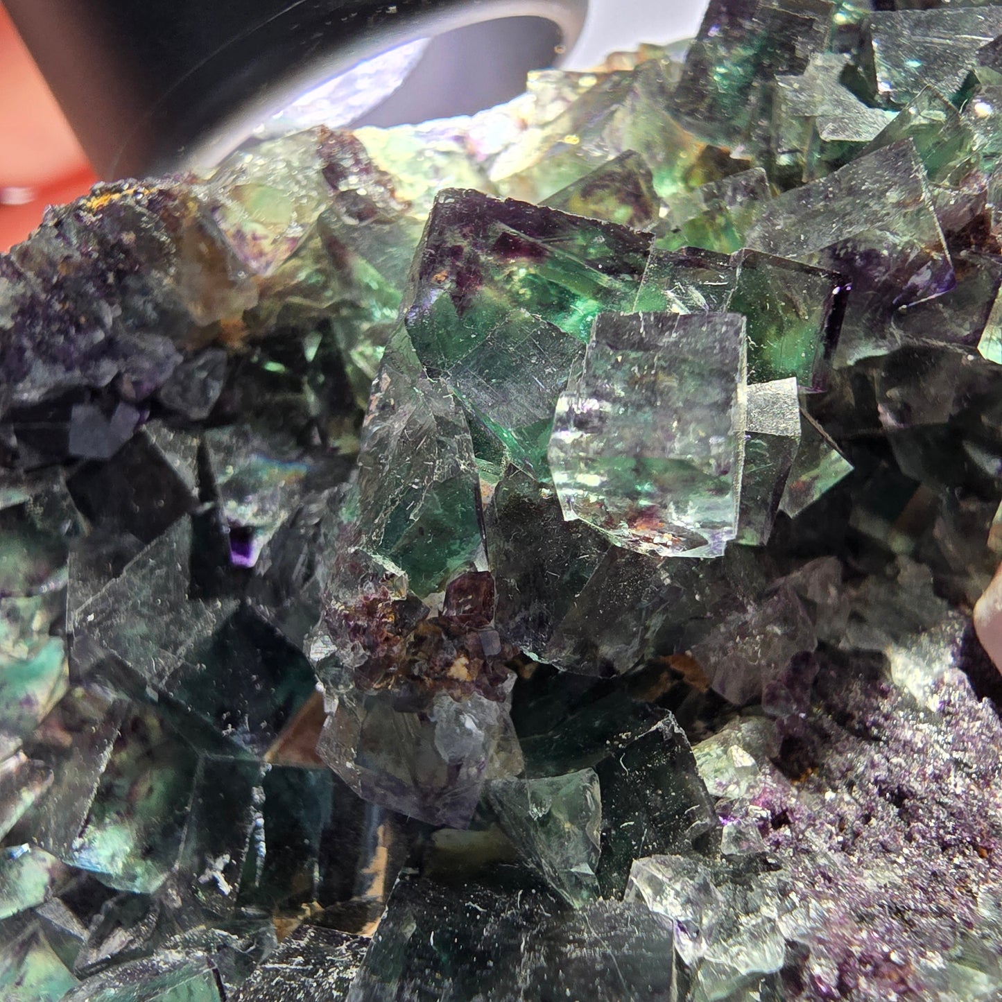 Grand spécimen de cube de fluorite fantôme, vert violet, Okorusu, Namibie, 83 x 55 x 29 mm