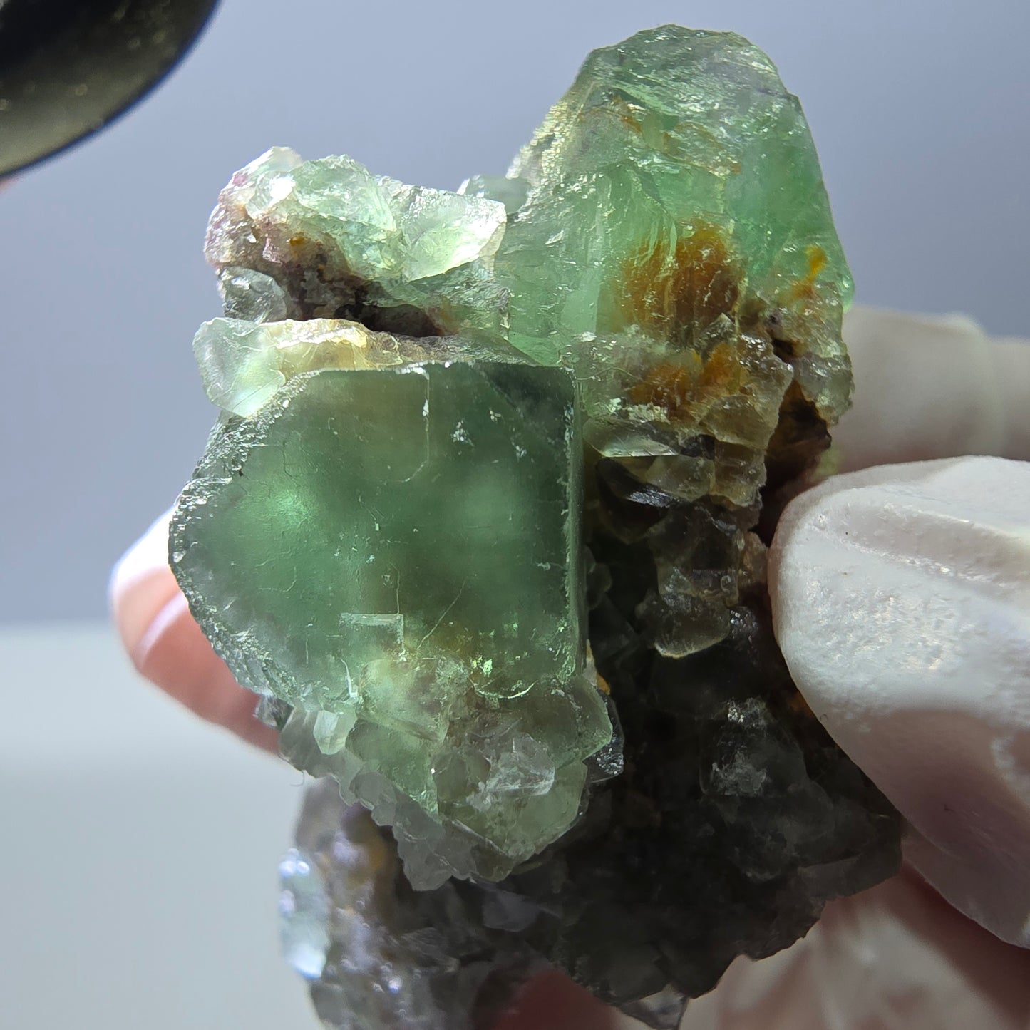 Rare cube de fluorite fantôme, spécimen de quartz vert violet Okorusu Namibie 47 x 28 x 25 mm