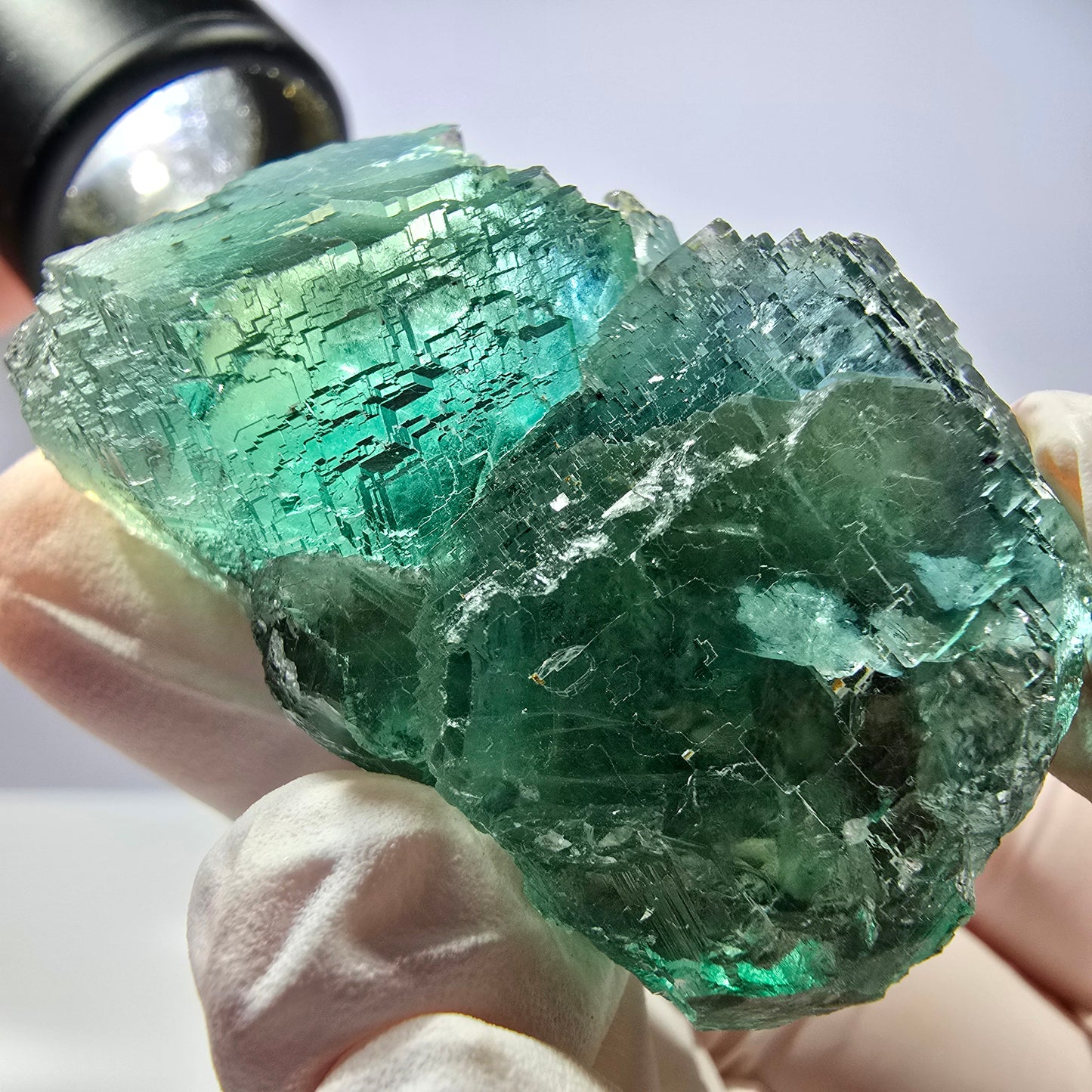 Spécimen de cube de fluorite fantôme transparente, parqueté vert Okorusu, Namibie 49 x 31 x 31 mm