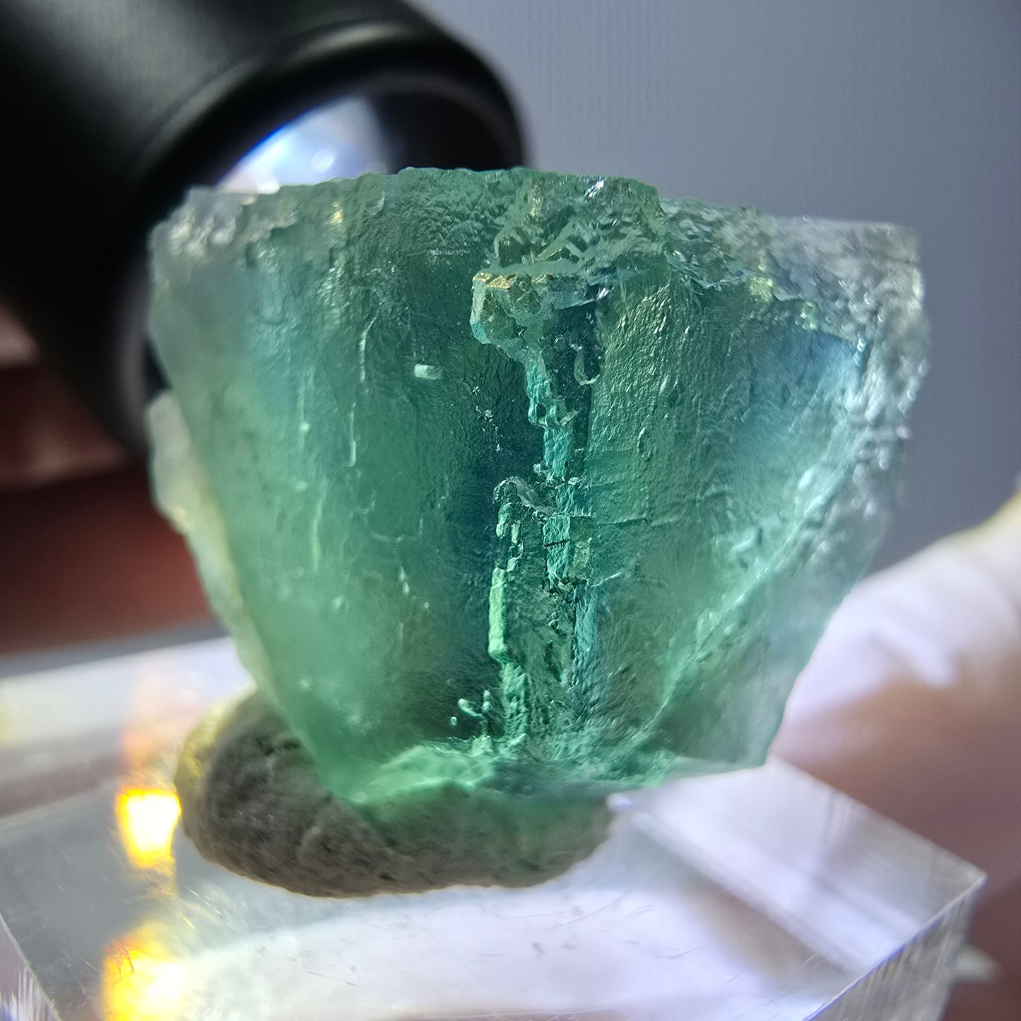 Cube de fluorite fantôme transparente parquetée, vert Okorusu, Namibie 21 x 21 x 19 mm