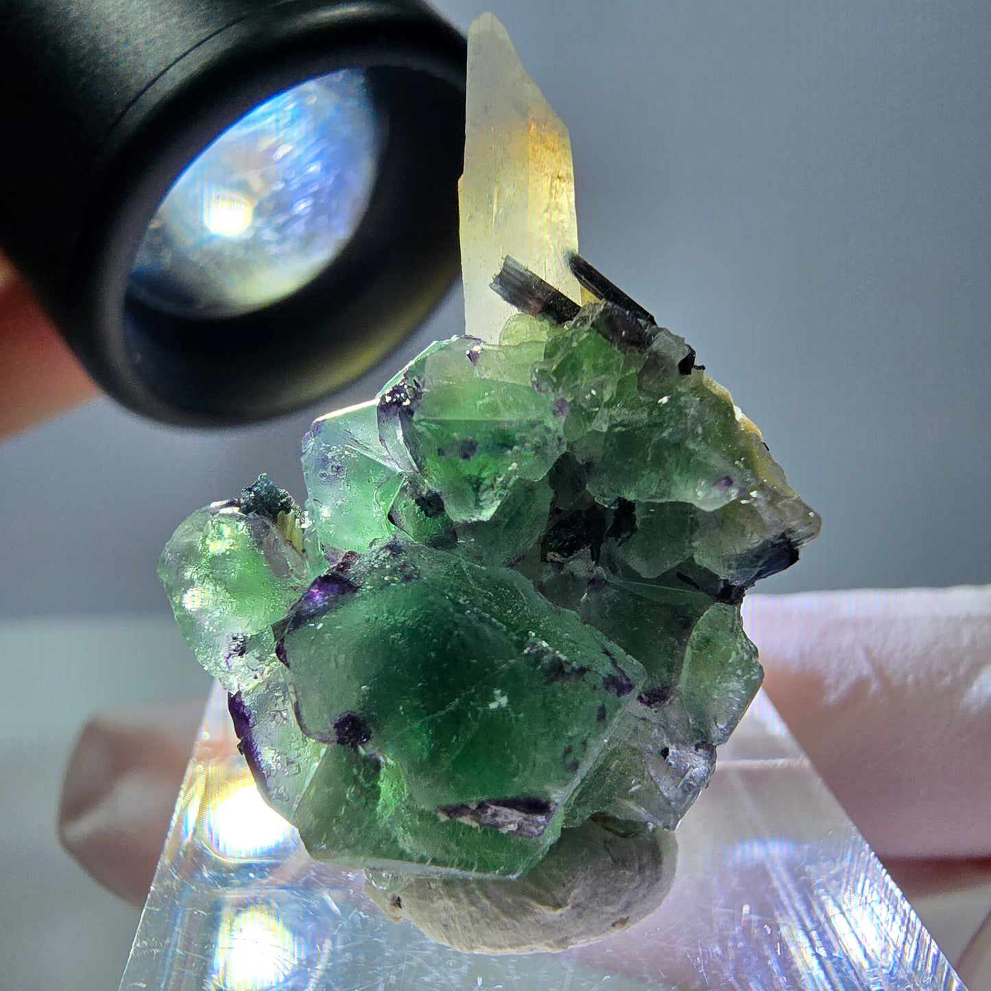 Cube de fluorite fantôme, quartz fumé, tourmaline schol, muscovite, Erongo, Namibie, 31 x 22 x 16 mm