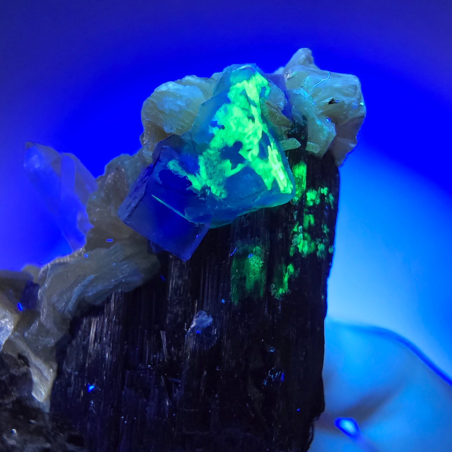 Fluorite fantôme, quartz fumé, tourmaline Schörl, hyalite, muscovite Erongo, Namibie 62*43*31mm