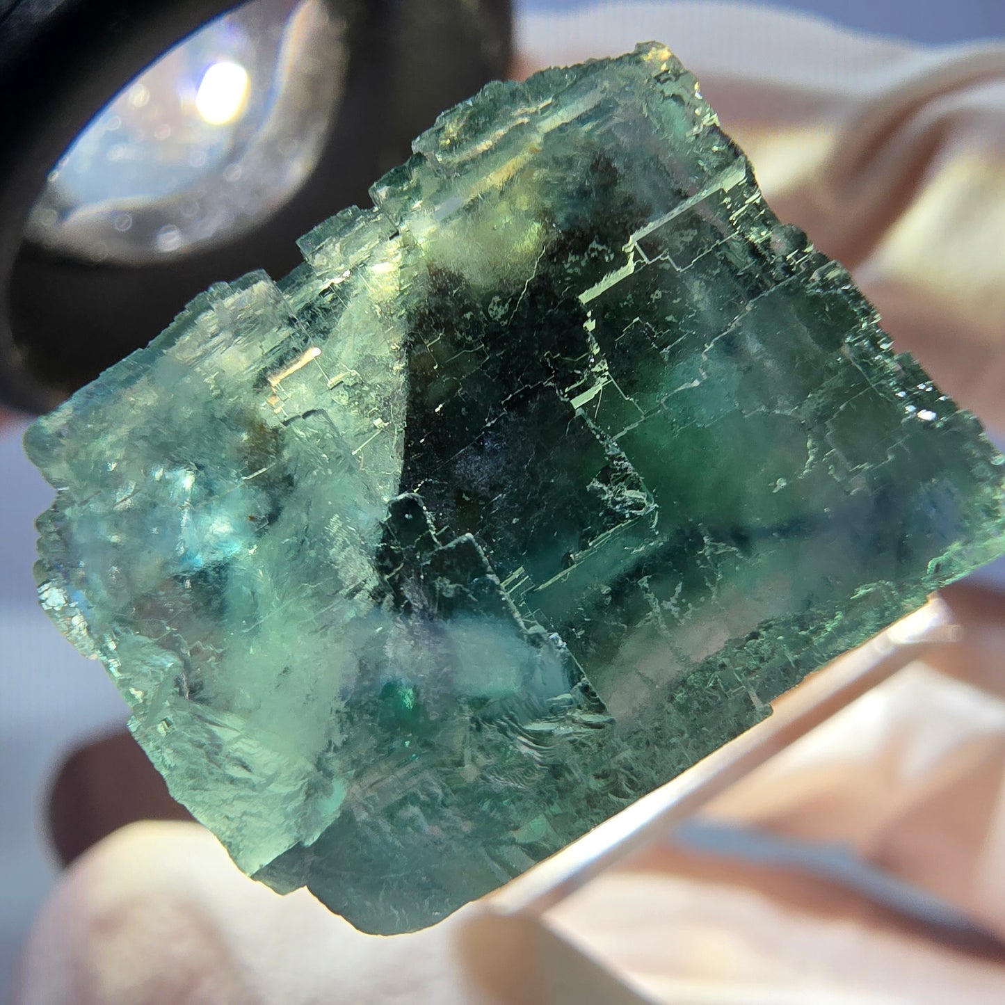 Cube de fluorite fantôme transparente parquetée, vert Okorusu, Namibie 25 x 19 x 15 mm