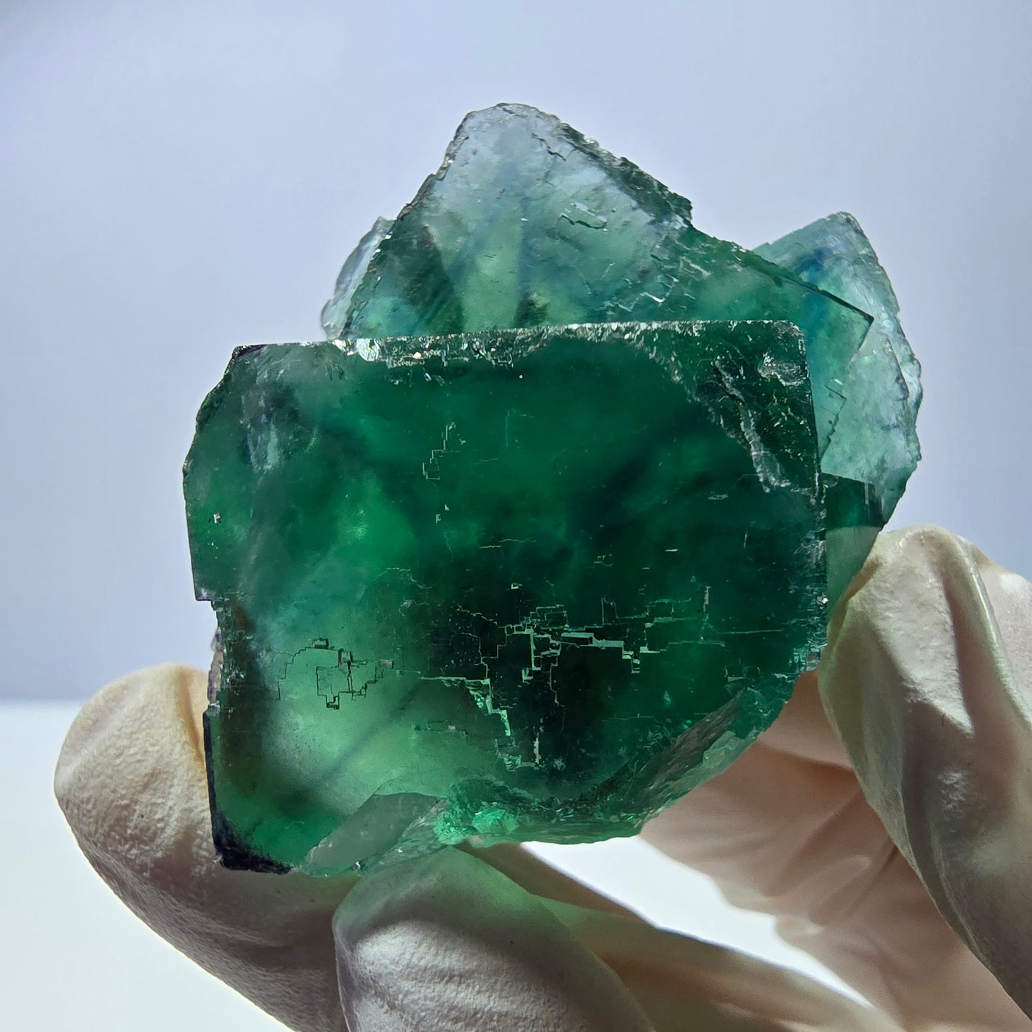 Spécimen de cube de fluorite fantôme transparente, vert parqueté, Okorusu, Namibie, 55 x 41 x 26 mm