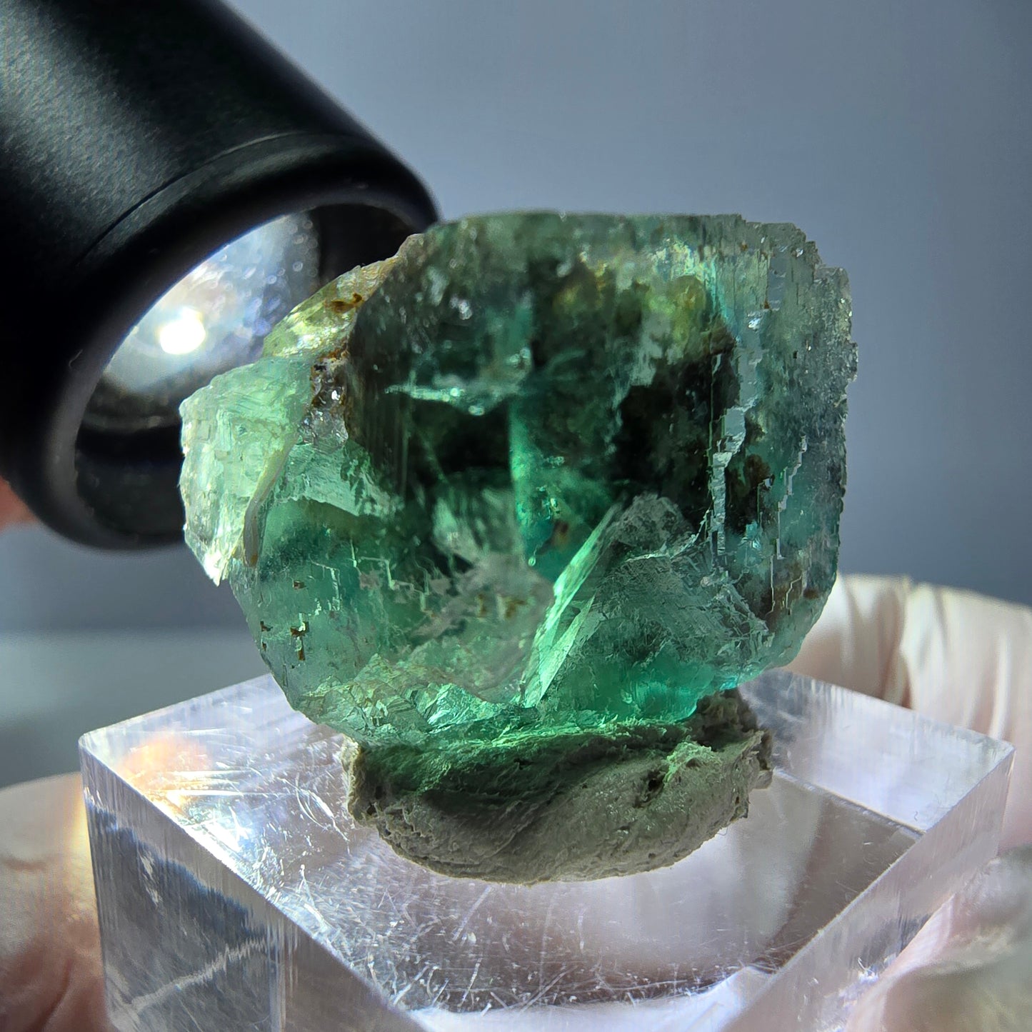 Cube de fluorite fantôme transparente parquetée, vert Okorusu, Namibie 21 x 21 x 19 mm
