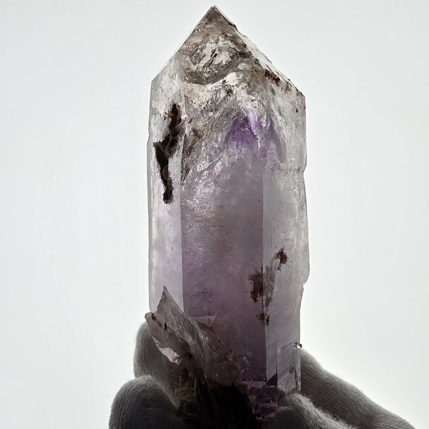 Sceptre DT en améthyste squelette Enhydro, poche de calcite Valentine Goboboseb Namibie 100 x 36 x 30 mm