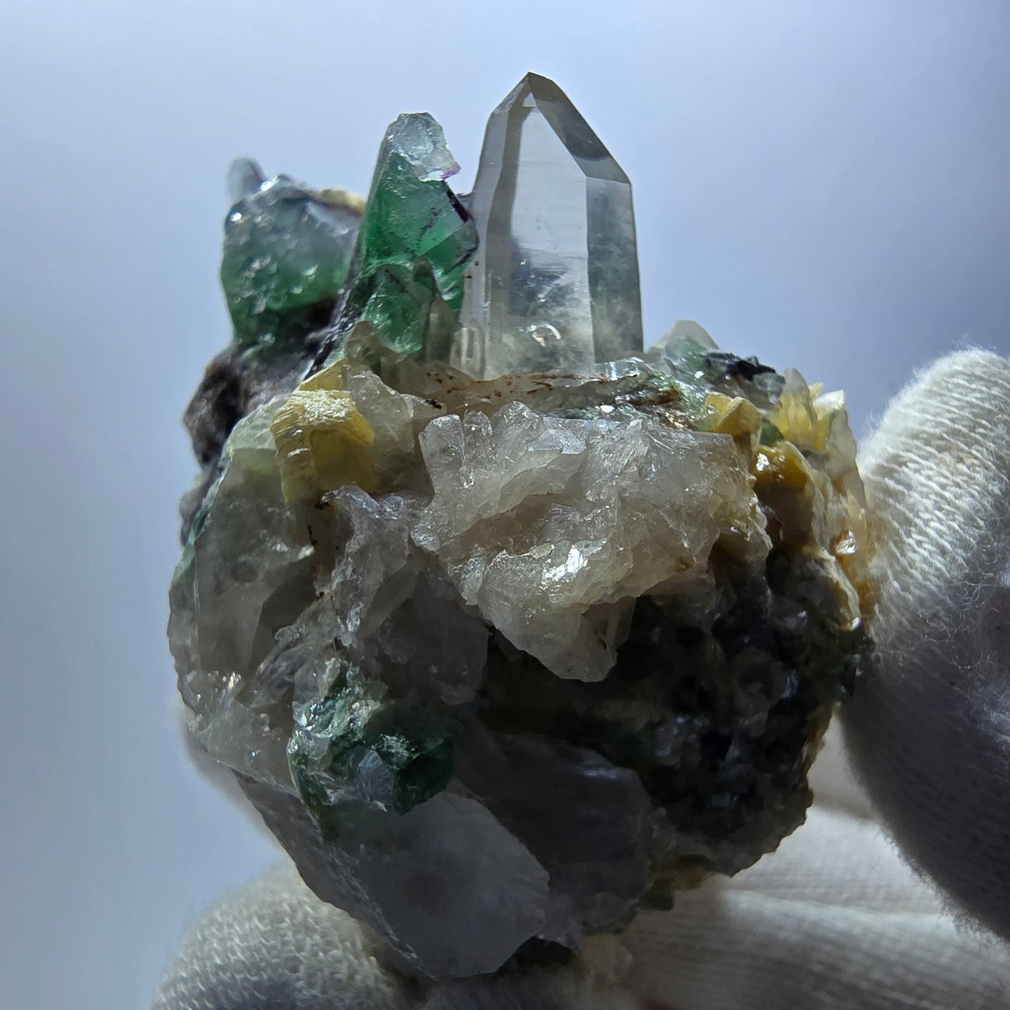 Phantom Fluorit Würfel, Rauchquarz, Schörl Turmalin, Hyalit Erongo, Namibia 62*42*35mm