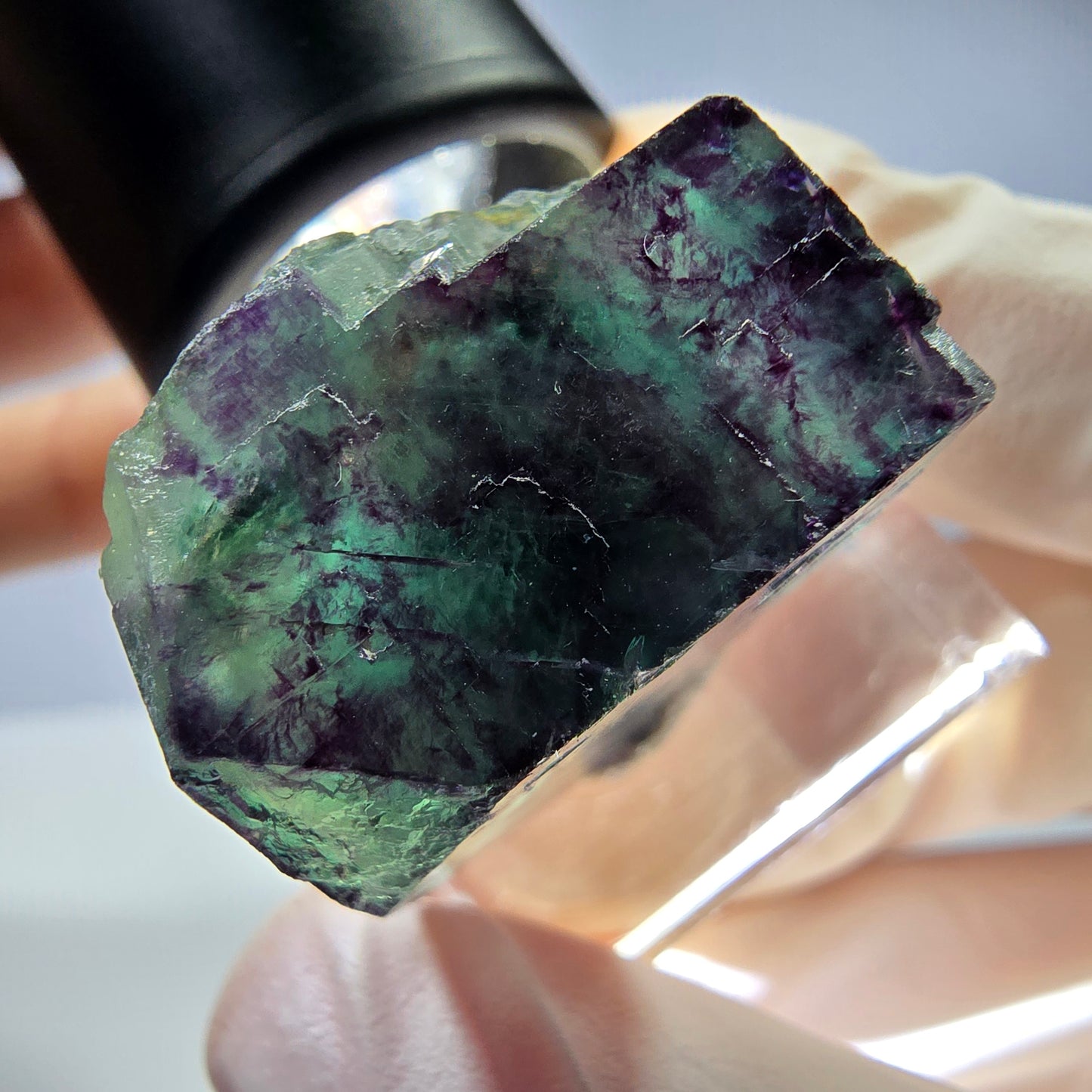 Rare cube de fluorite fantôme parqueté vert violet Okorusu Namibie 23*21*13mm