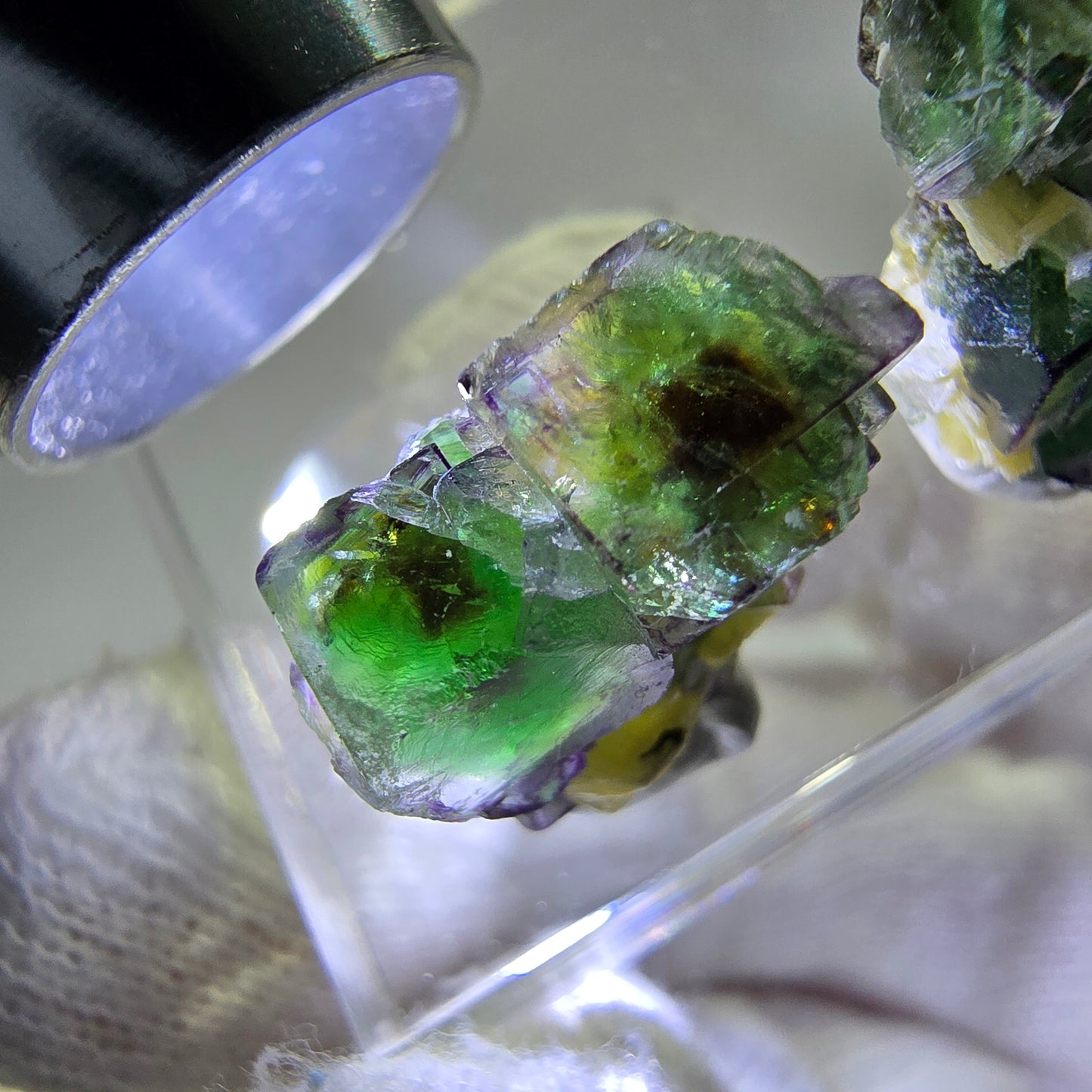 2er Set Phantom Fluorit Würfel, Muskovit Hyalit Stufe Erongo, Namibia 21+18mm