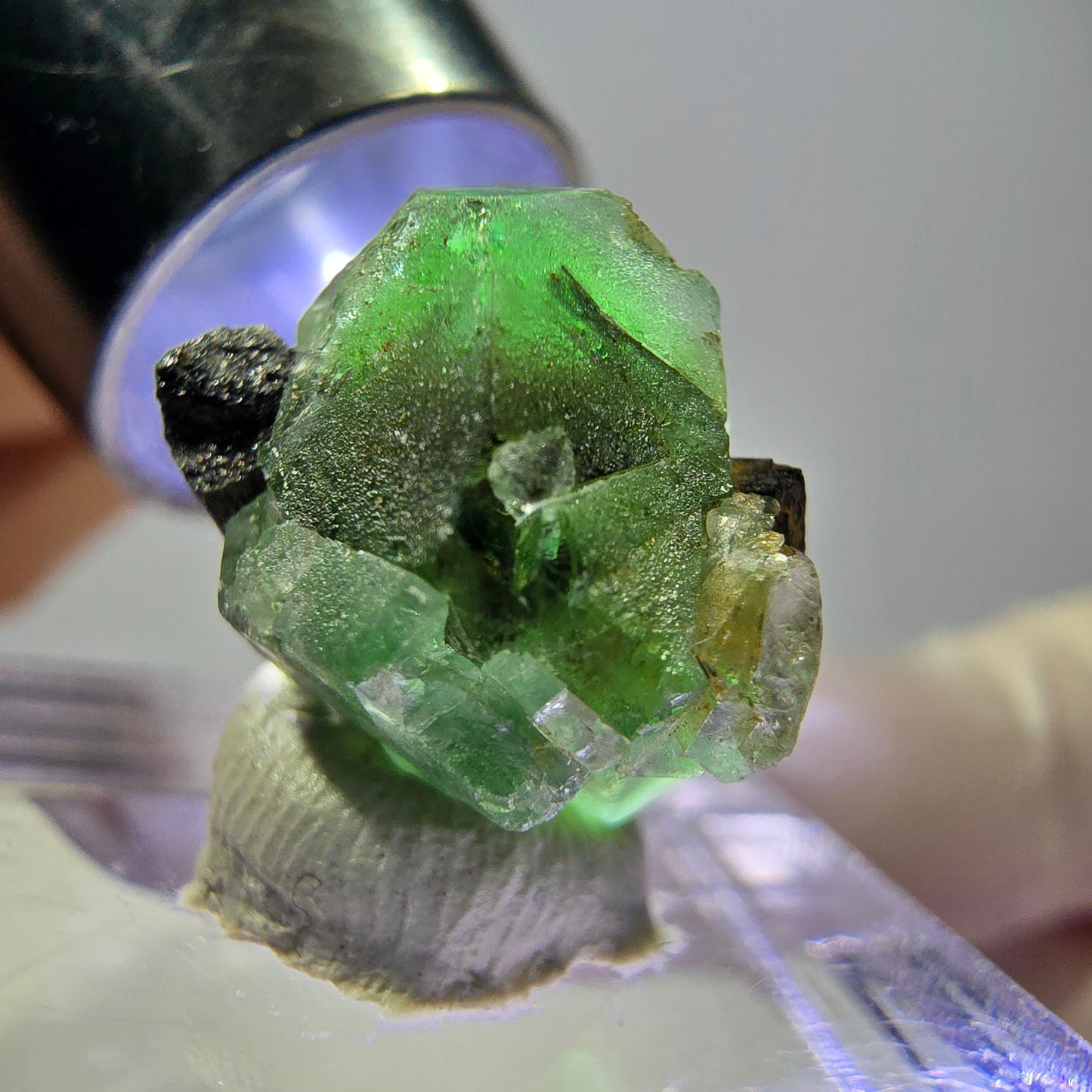 Cube hexagonal de fluorite fantôme, muscovite, tourmaline Schörl, Erongo, Namibie 14 x 13 x 12 mm