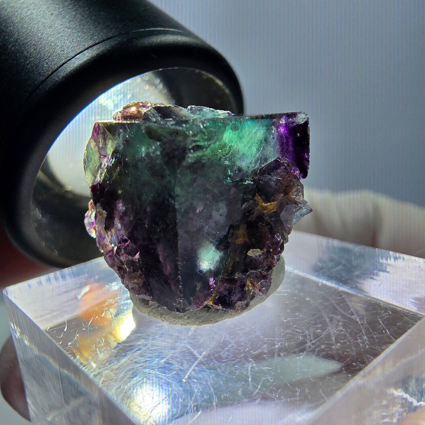 Spécimen de cube de fluorite fantôme, parqueté vert violet Okorusu, Namibie 15*15*14 mm