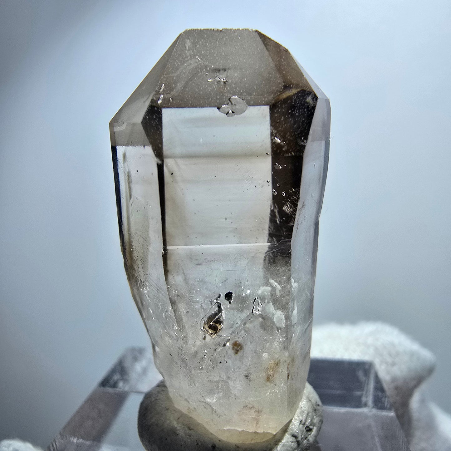 Pointe de sceptre en quartz fumé fantôme transparent, Goboboseb, Namibie, 31 x 16 x 13 mm