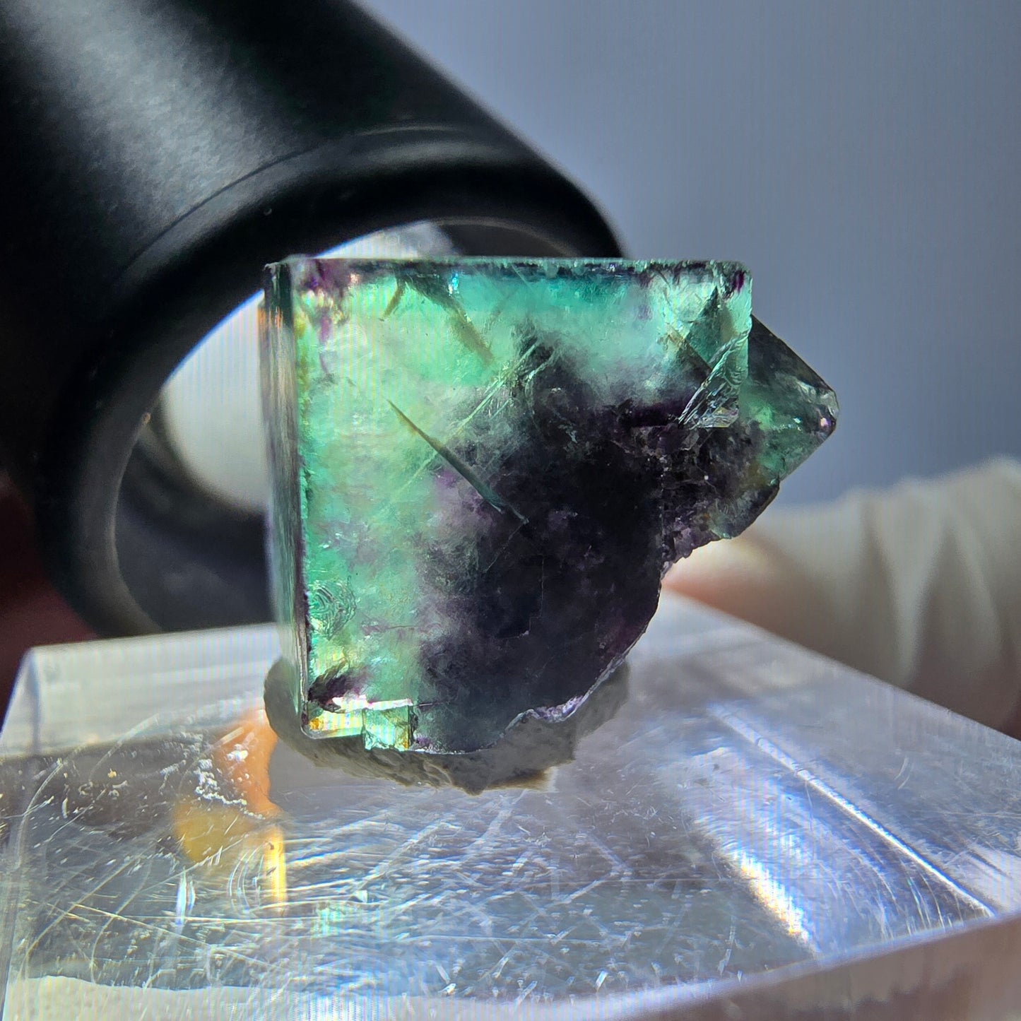 Spécimen de cube de fluorite fantôme, parqueté vert violet Okorusu, Namibie 19*18*14 mm