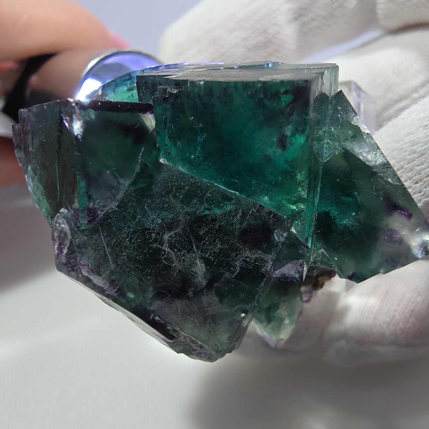 Spécimen de cube de fluorite fantôme transparente, vert-violet zonal, Okorusu, Namibie, 47 x 43 x 31 mm