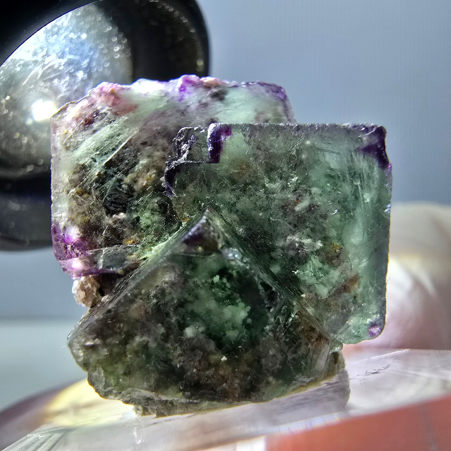 Spécimen de cube de fluorite fantôme, vert violet, Okorusu, Namibie, 24 x 20 x 20 mm