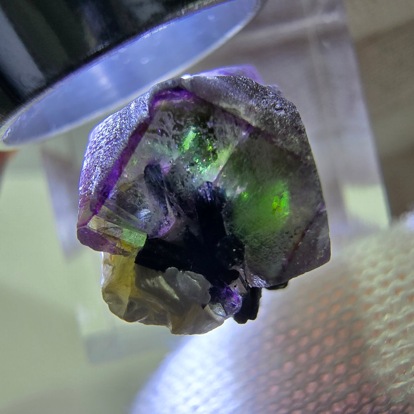 Phantom Fluorit Würfel hexagonal, Muskovit, Schörl Turmalin Erongo, Namibia 21*14*11mm