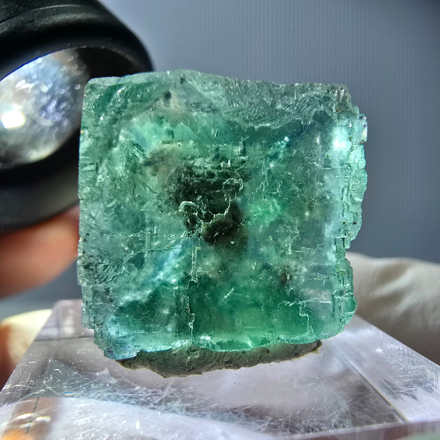 Cube de fluorite fantôme transparente parquetée, vert Okorusu, Namibie 19 x 19 x 15 mm