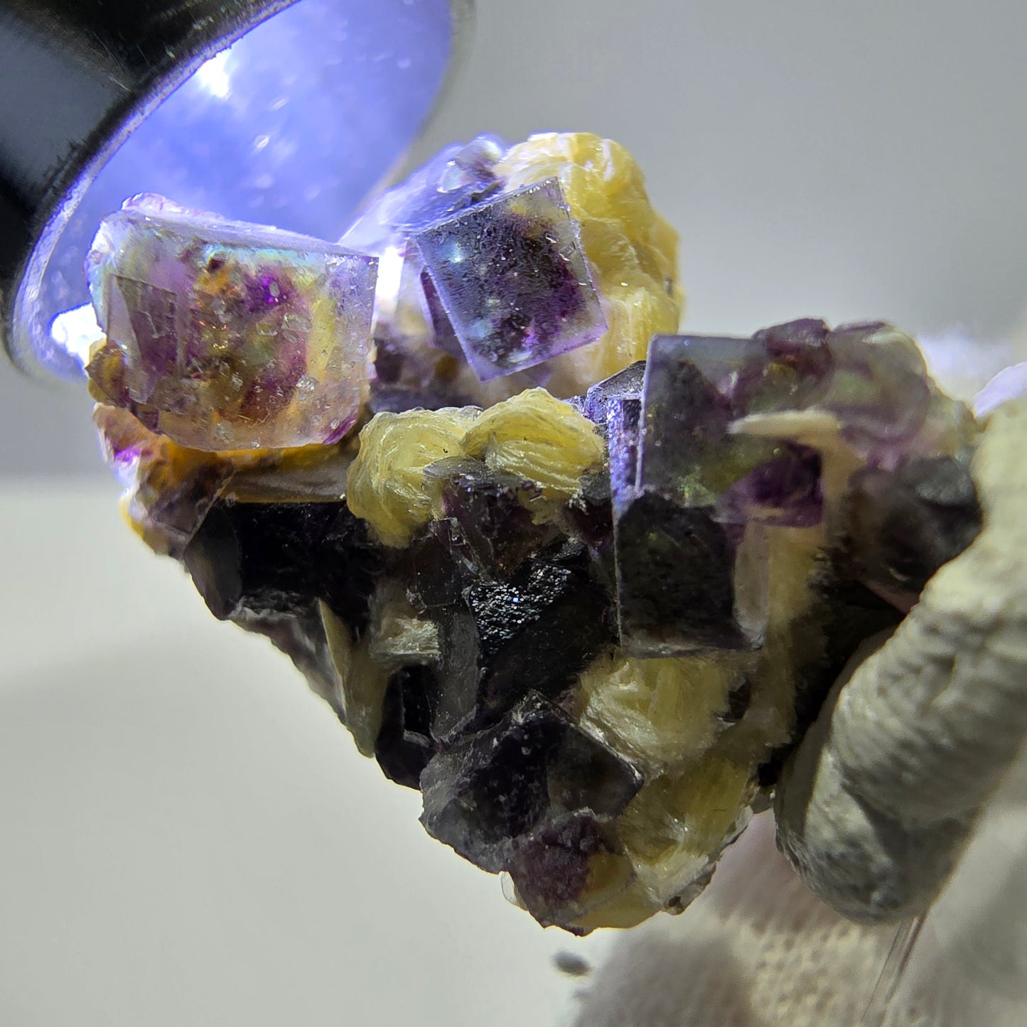 Cubes de fluorite fantôme colorés, spécimen de muscovite, Erongo, Namibie, 28 x 20 x 20 mm