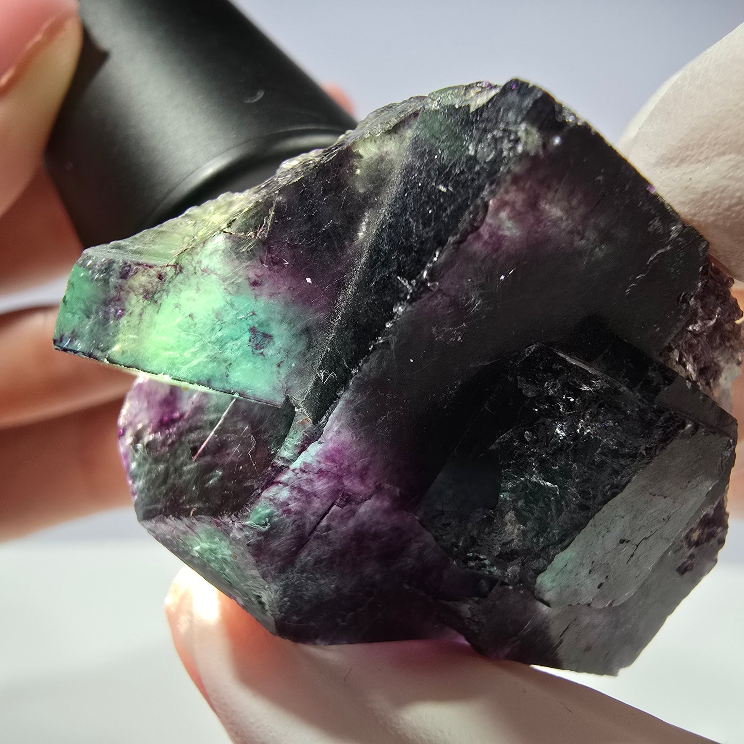 Spécimen de cube de fluorite fantôme parqueté vert violet Okorusu, Namibie 45*34*22mm