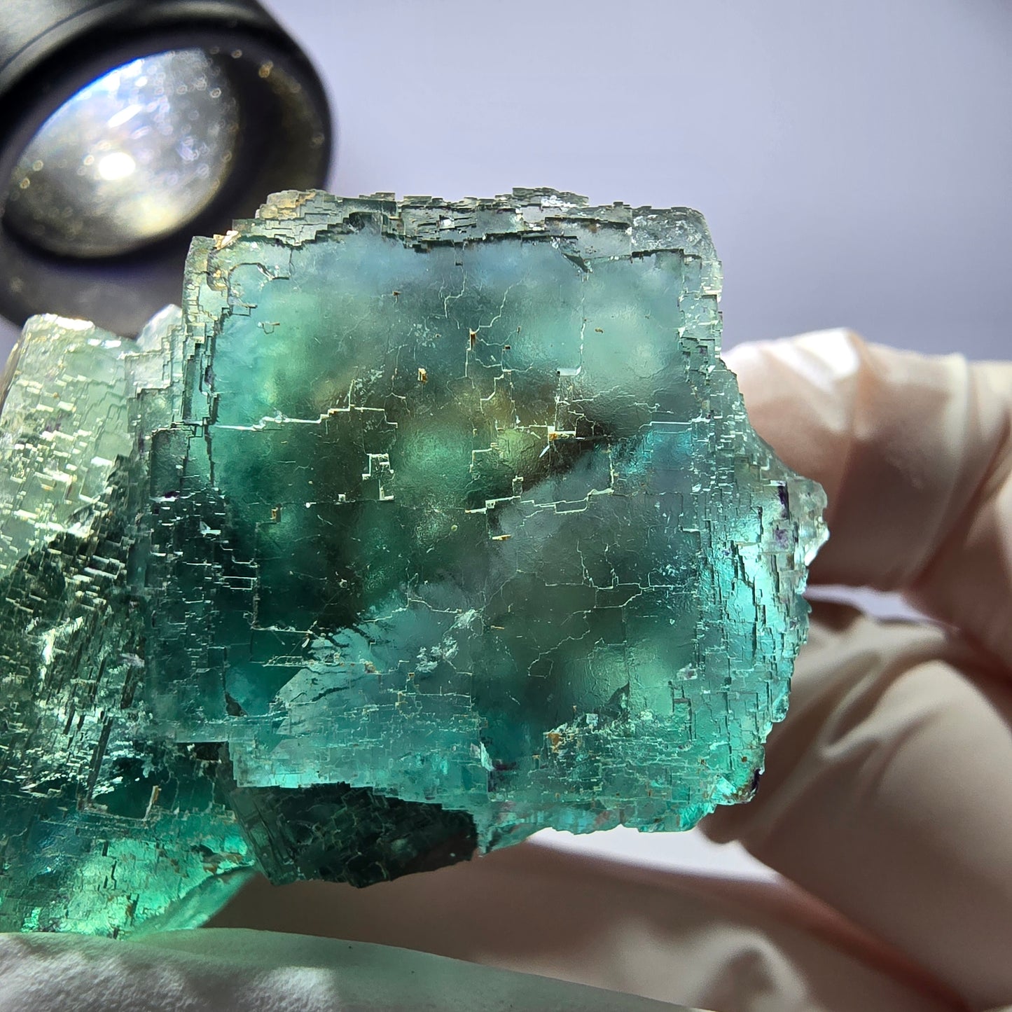 Spécimen de cube de fluorite fantôme transparente, parqueté vert Okorusu, Namibie 49 x 31 x 31 mm