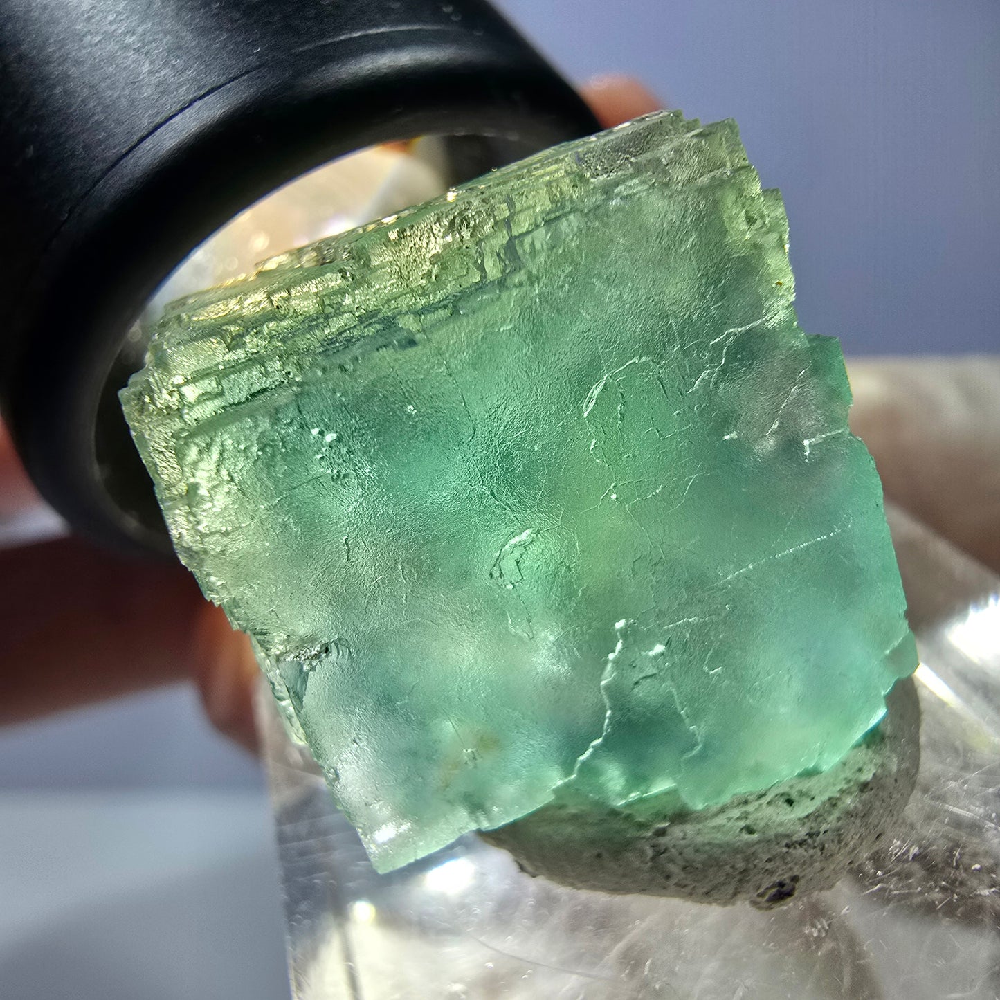 Cube de fluorite fantôme transparente parquetée, vert Okorusu, Namibie 19 x 18 x 15 mm