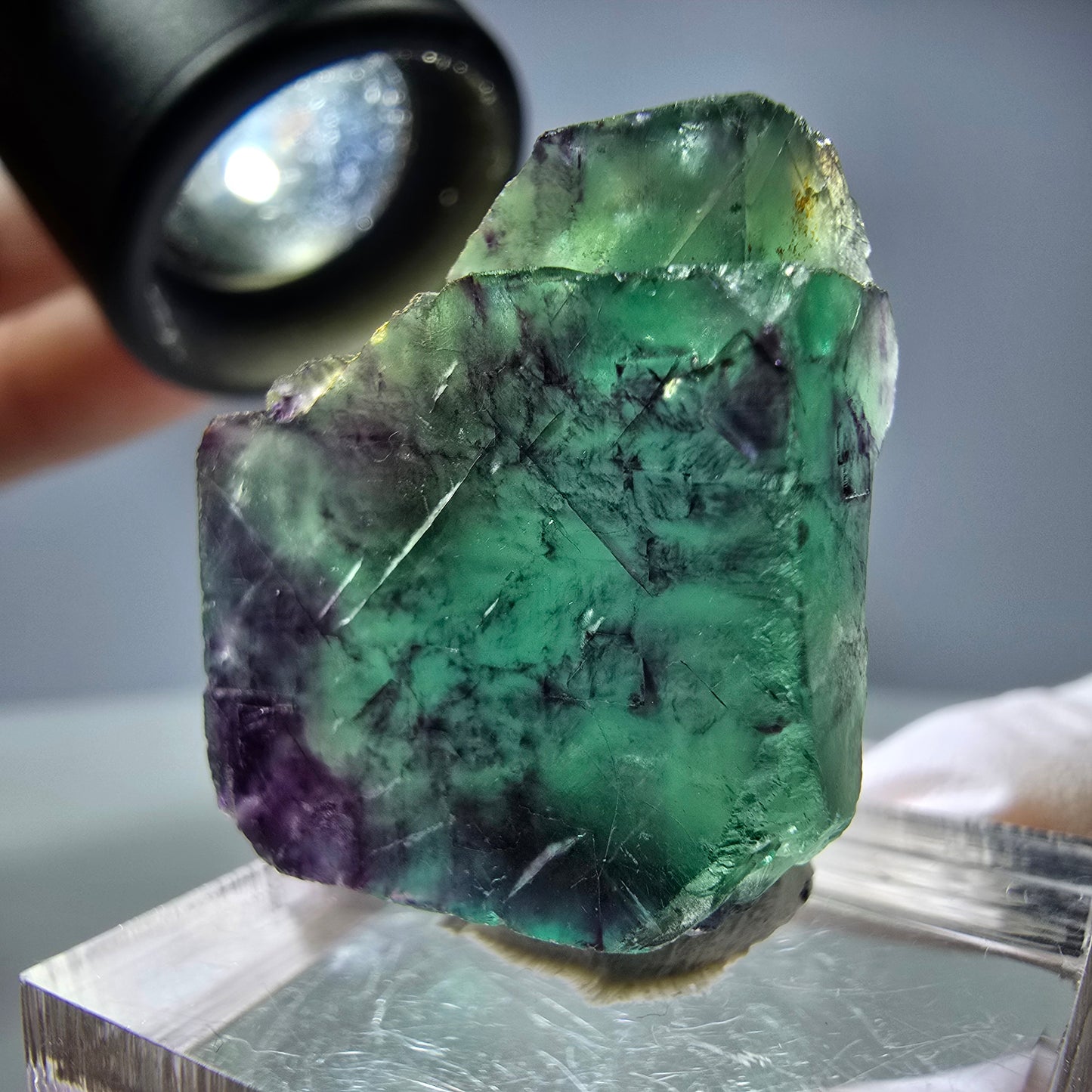 Rare cube de fluorite fantôme parqueté vert violet Okorusu Namibie 25*21*11mm