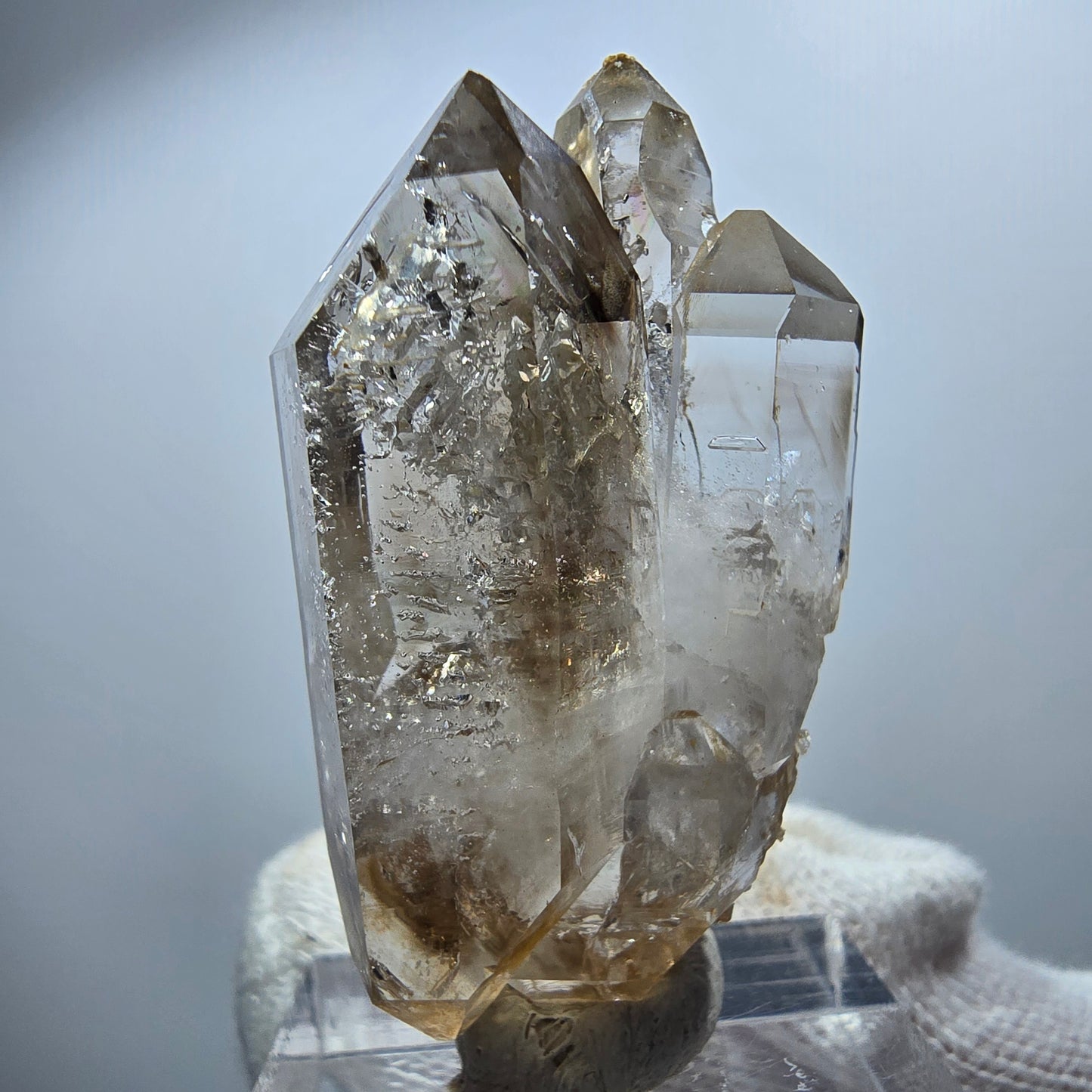 Sceptre en quartz fumé fantôme transparent, spécimen DT, Goboboseb, Namibie, 43 x 24 x 14 mm