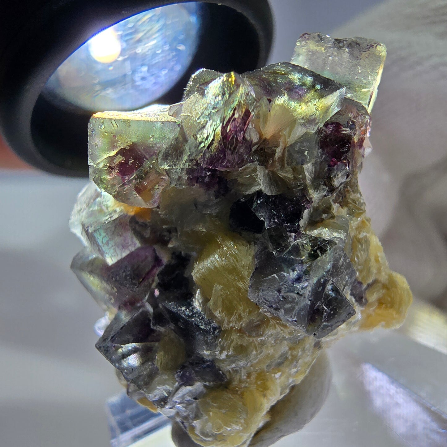 Spécimen de fluorite fantôme colorée, tourmaline scholle, muscovite, Erongo, Namibie, 33 x 29 x 23 mm