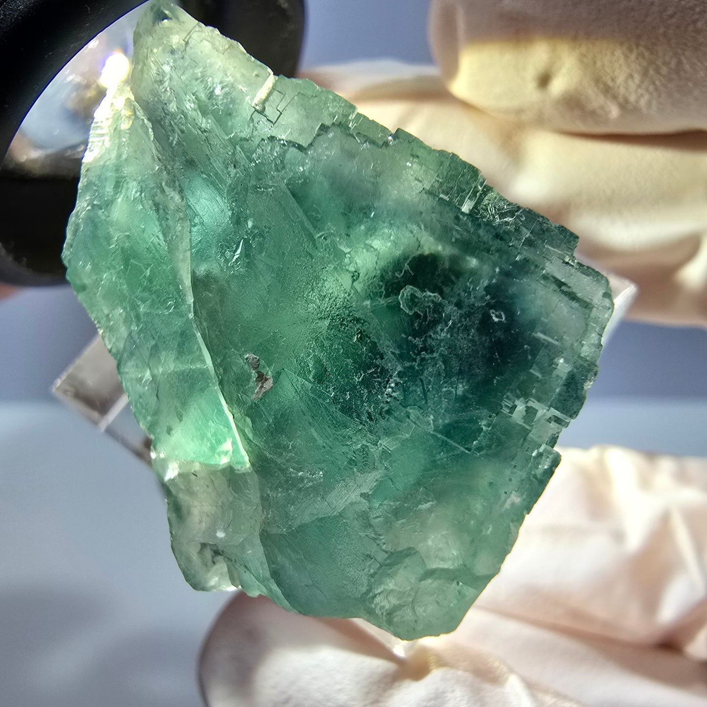 Cube de fluorite fantôme transparente parquetée, vert Okorusu, Namibie 28 x 23 x 18 mm