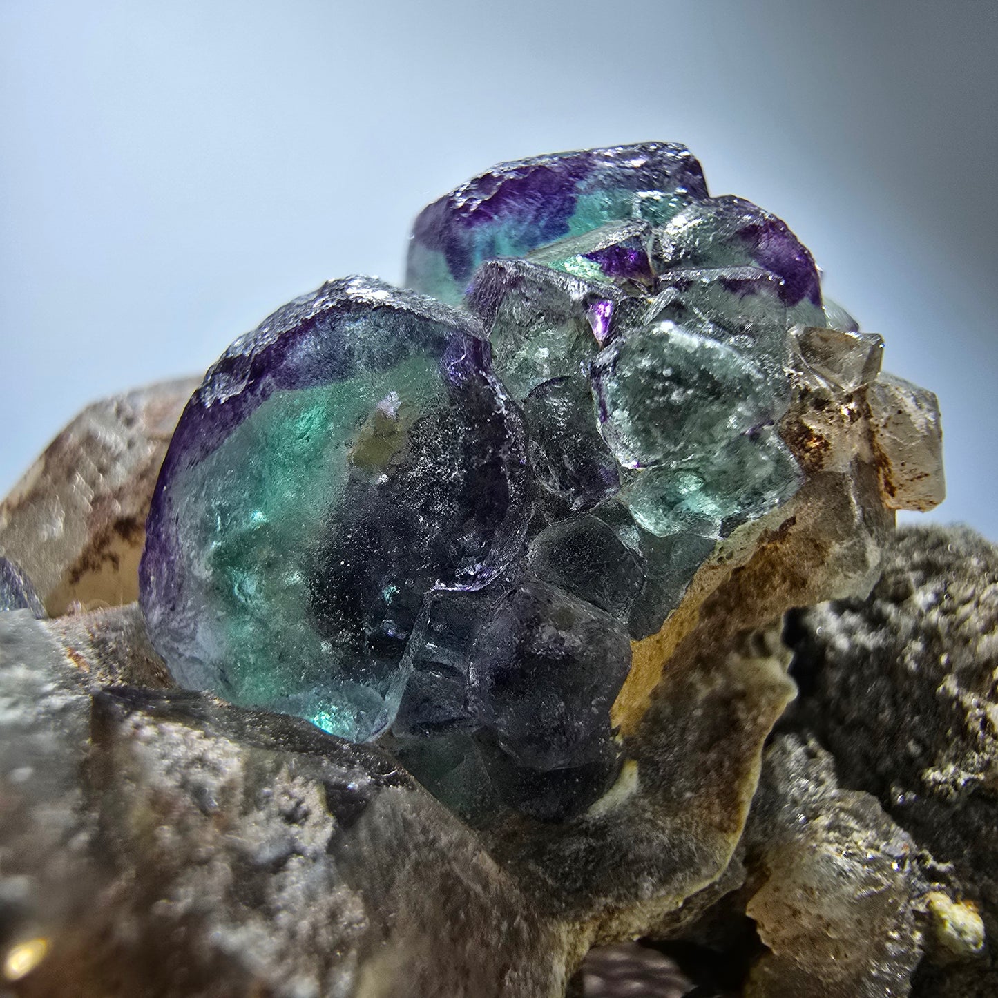 Phantom Fluorit Würfel, Rauchquarz, Hyalit Stufe Erongo, Namibia 48*36*21mm