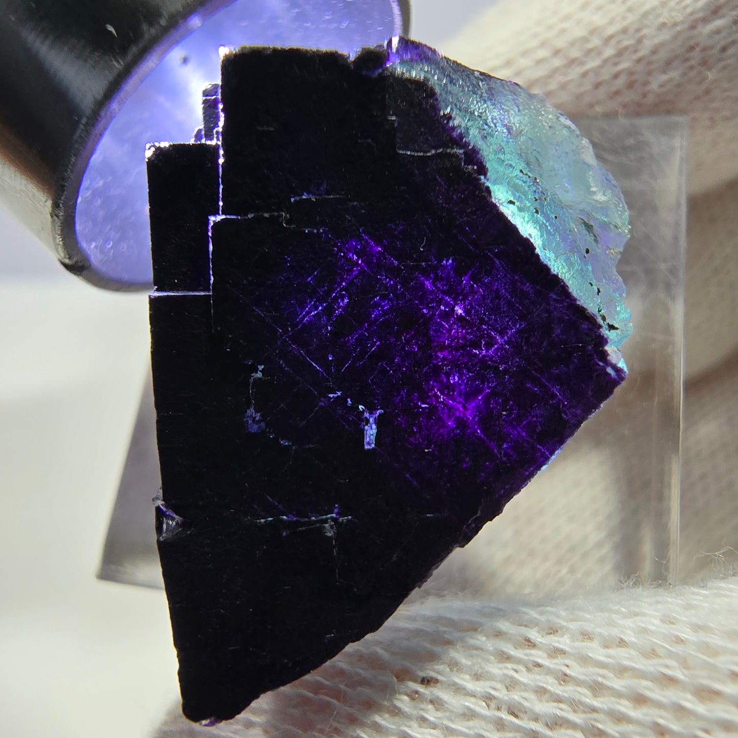 Fluorite cube, parquetted green purple 11:11 Angel Pocket, Okorusu Mine Namibia 30*24*15mm