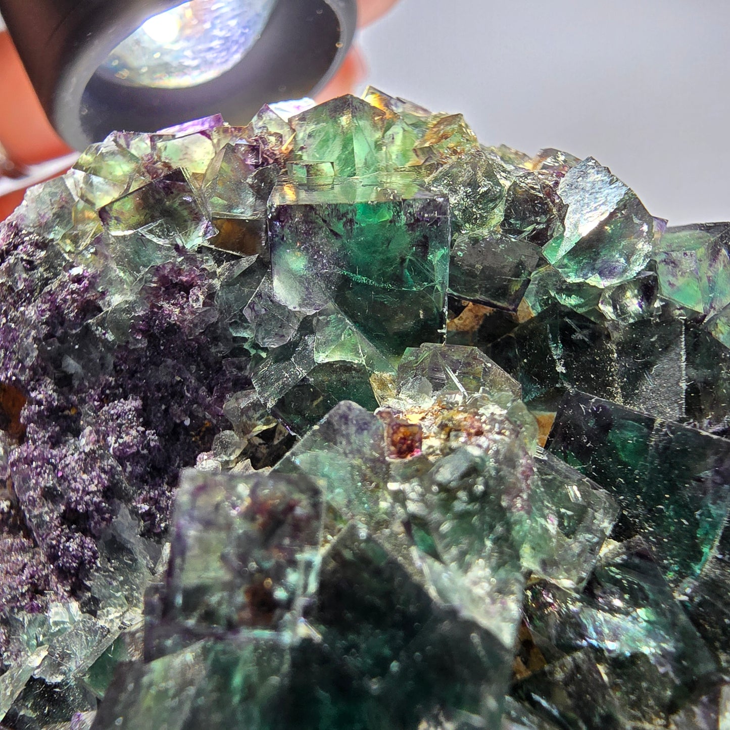 Grand spécimen de cube de fluorite fantôme, vert violet, Okorusu, Namibie, 83 x 55 x 29 mm