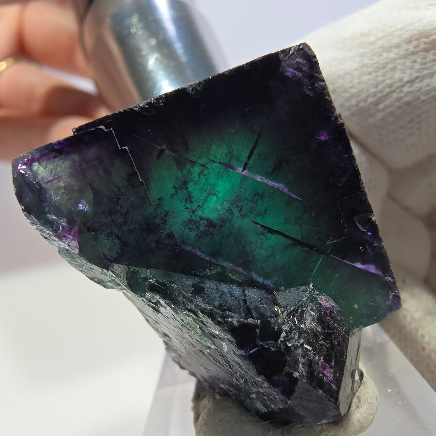 Klare Phantom Fluorit Würfel Stufe zonal grün lila Okorusu, Namibia 37*32*29mm