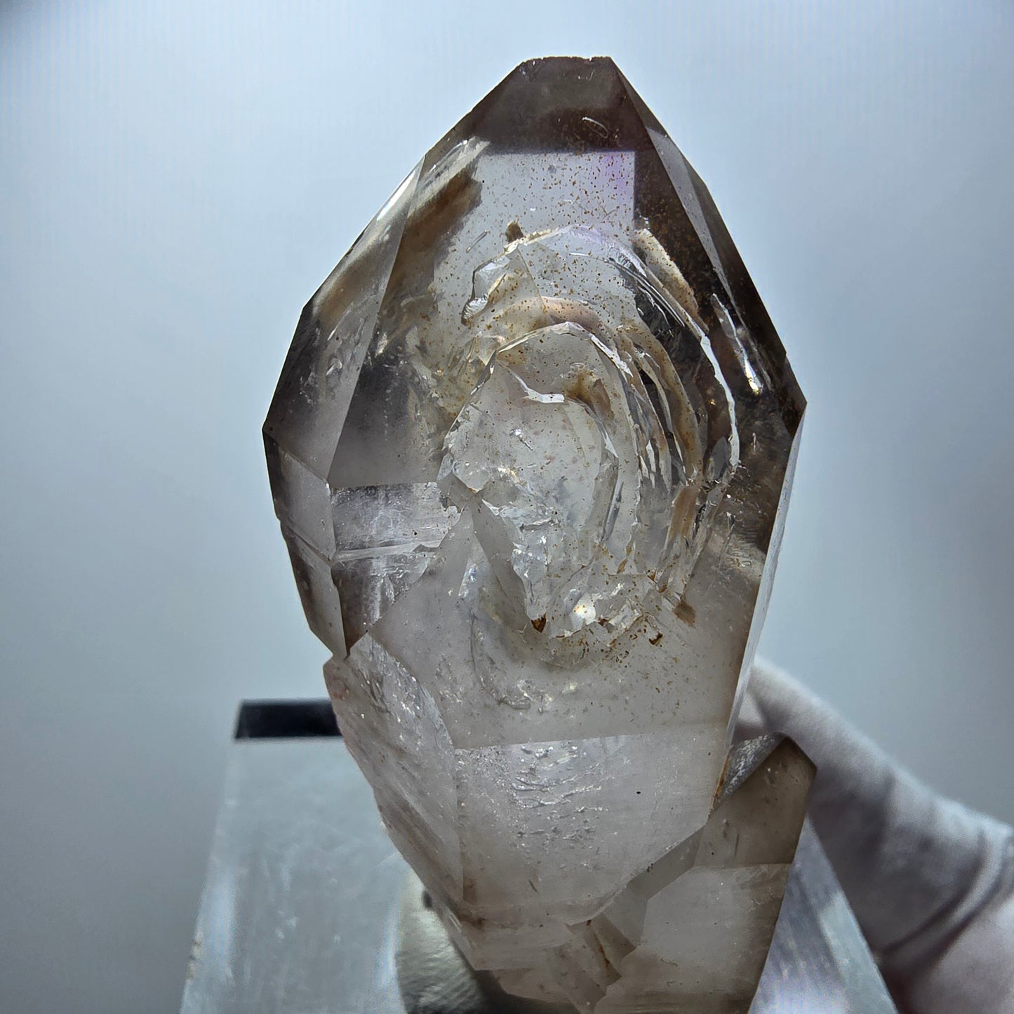 Quartz fumé fantôme transparent, pointe de sceptre, Goboboseb, Namibie, 60 x 28 x 22 mm