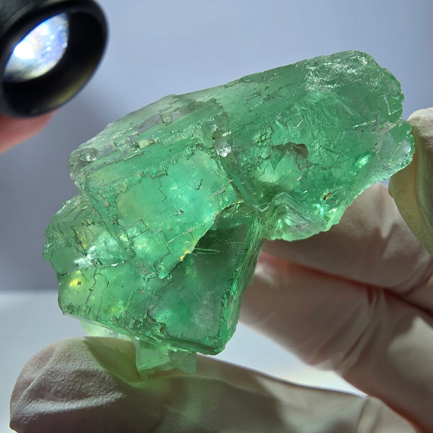 Spécimen de cube de fluorite fantôme transparente, vert parqueté, Okorusu, Namibie, 46 x 35 x 21 mm