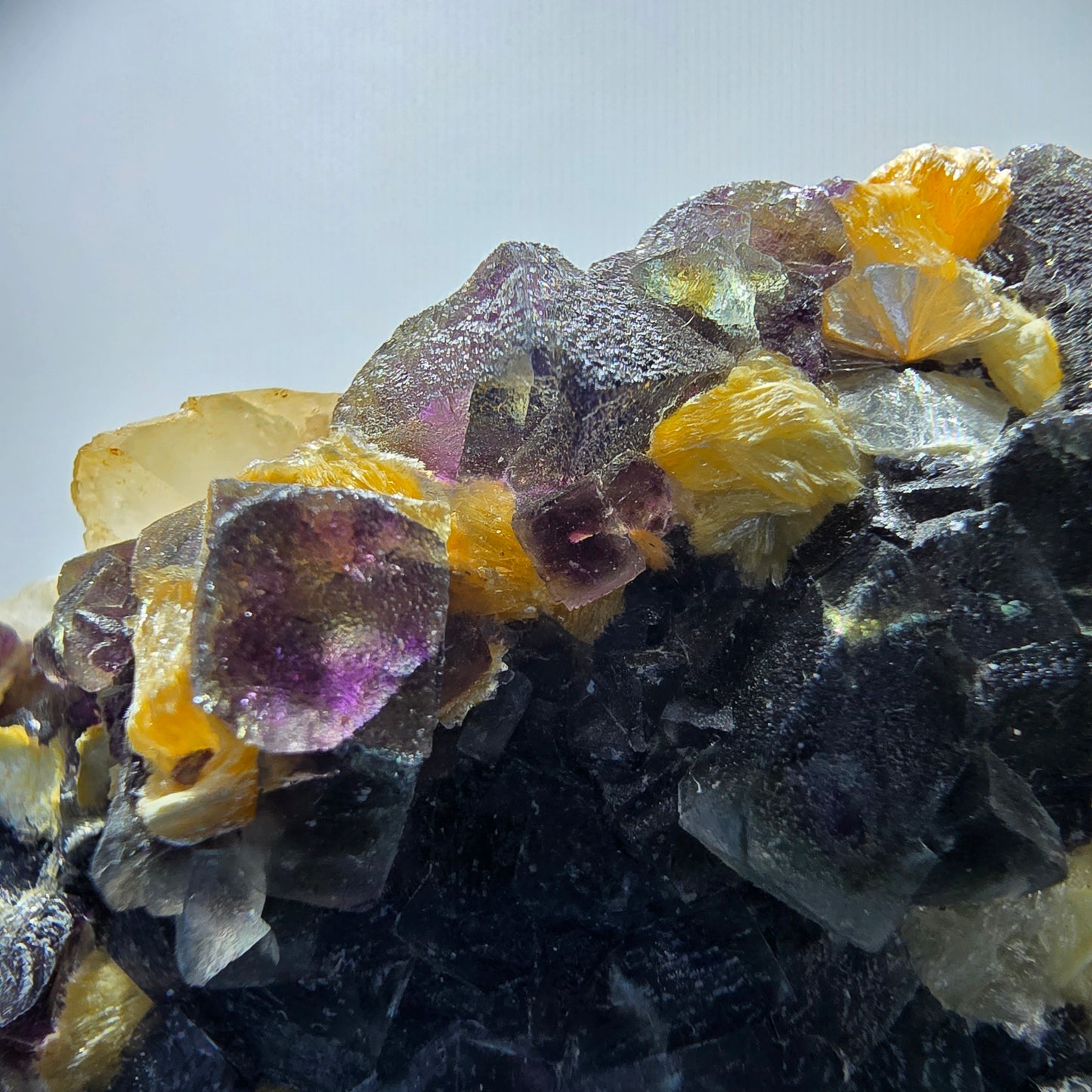 Cubes de fluorite fantôme colorés, spécimen de muscovite, Erongo, Namibie, 71 x 56 x 35 mm